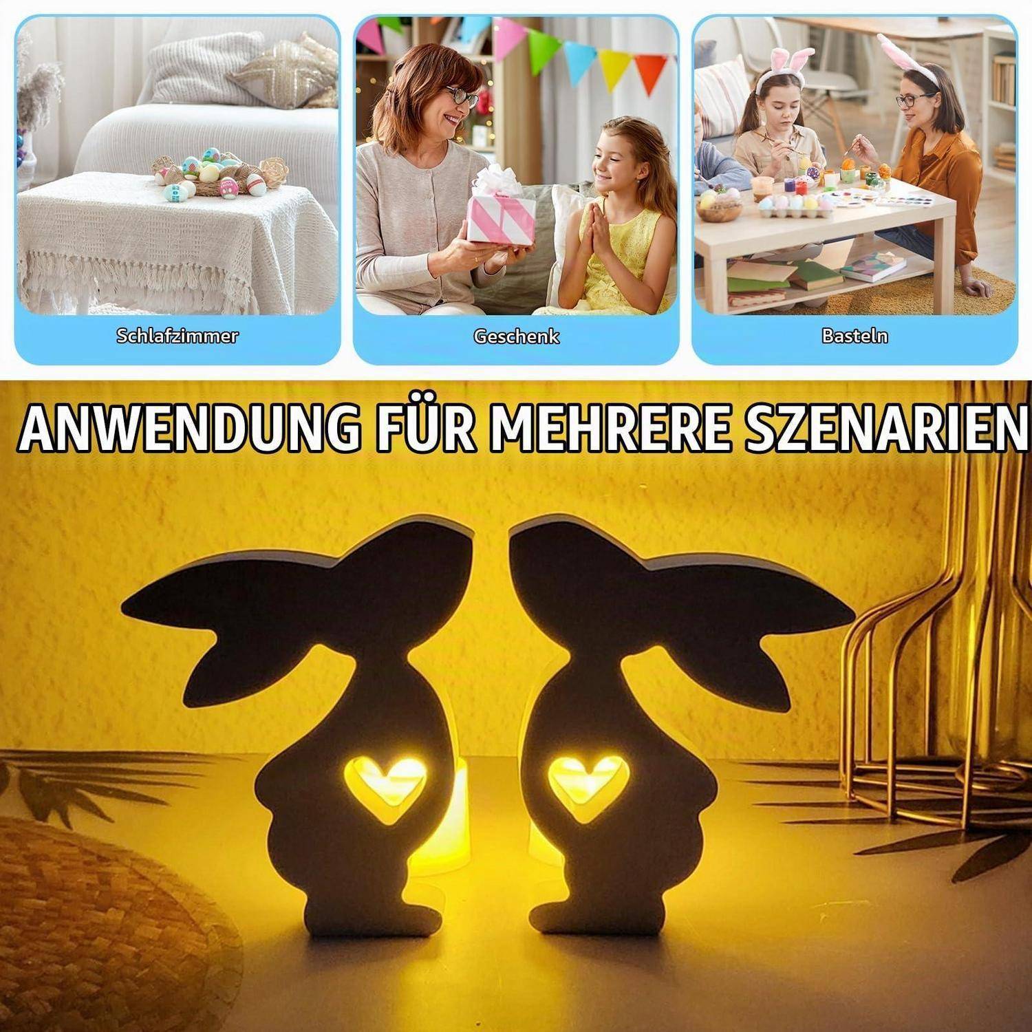 Zwei schwarze kaninchenseitig dekorative Leuchten leuchten mit ausgeschnittenen Herzen unter dem deutschen Text „ANWENDUNG FÜR MEHRERE SZENARIEN", mit kleinen Szenen oben, die mit Schlafzimmer, Geschenk und Basteln beschriftet sind.
