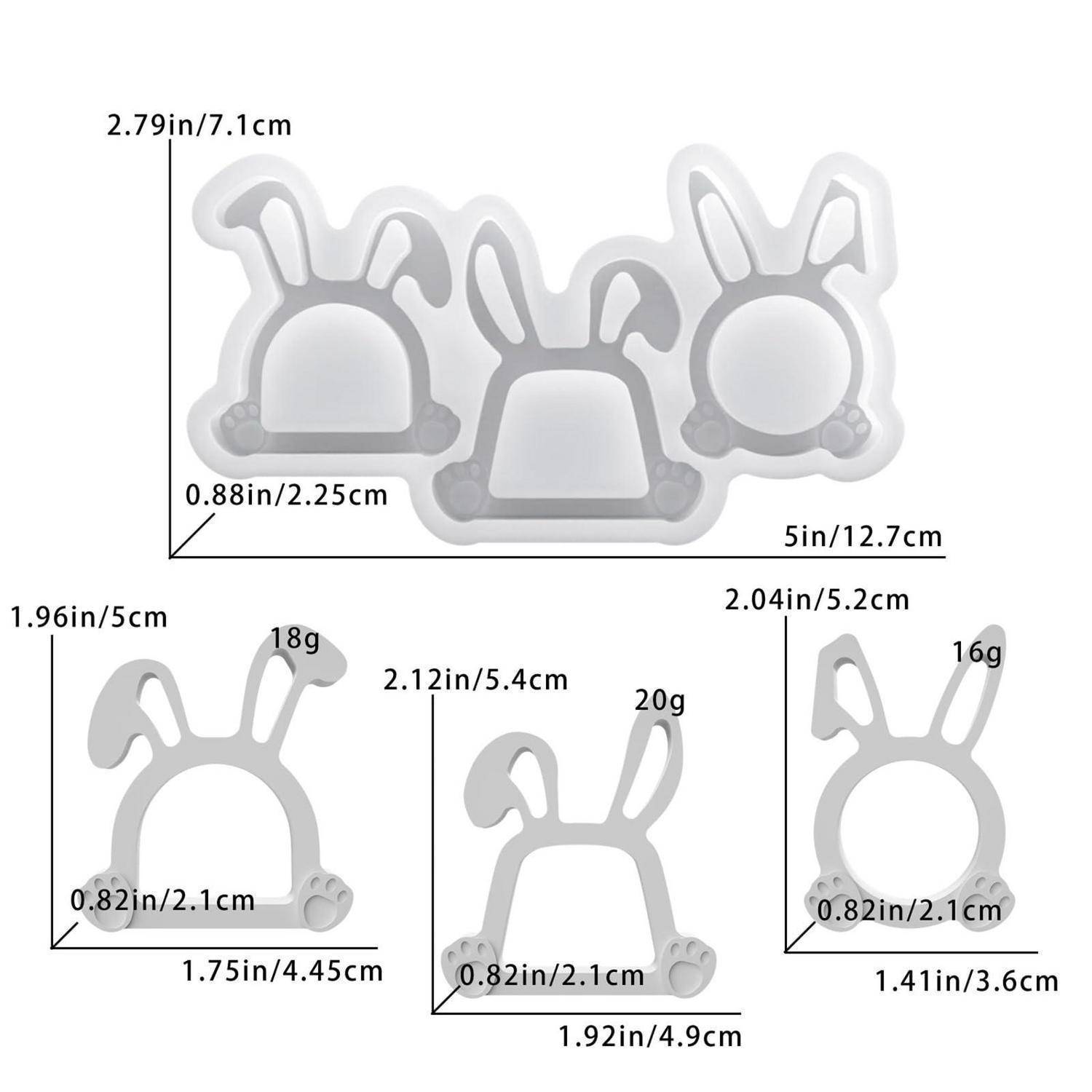 Produktgrößendiagramm mit drei hasenförmigen Silikonclips in verschiedenen Größen, mit den Abmessungen in Zoll und Zentimetern sowie Gewichten von 16g, 18g und 20g.