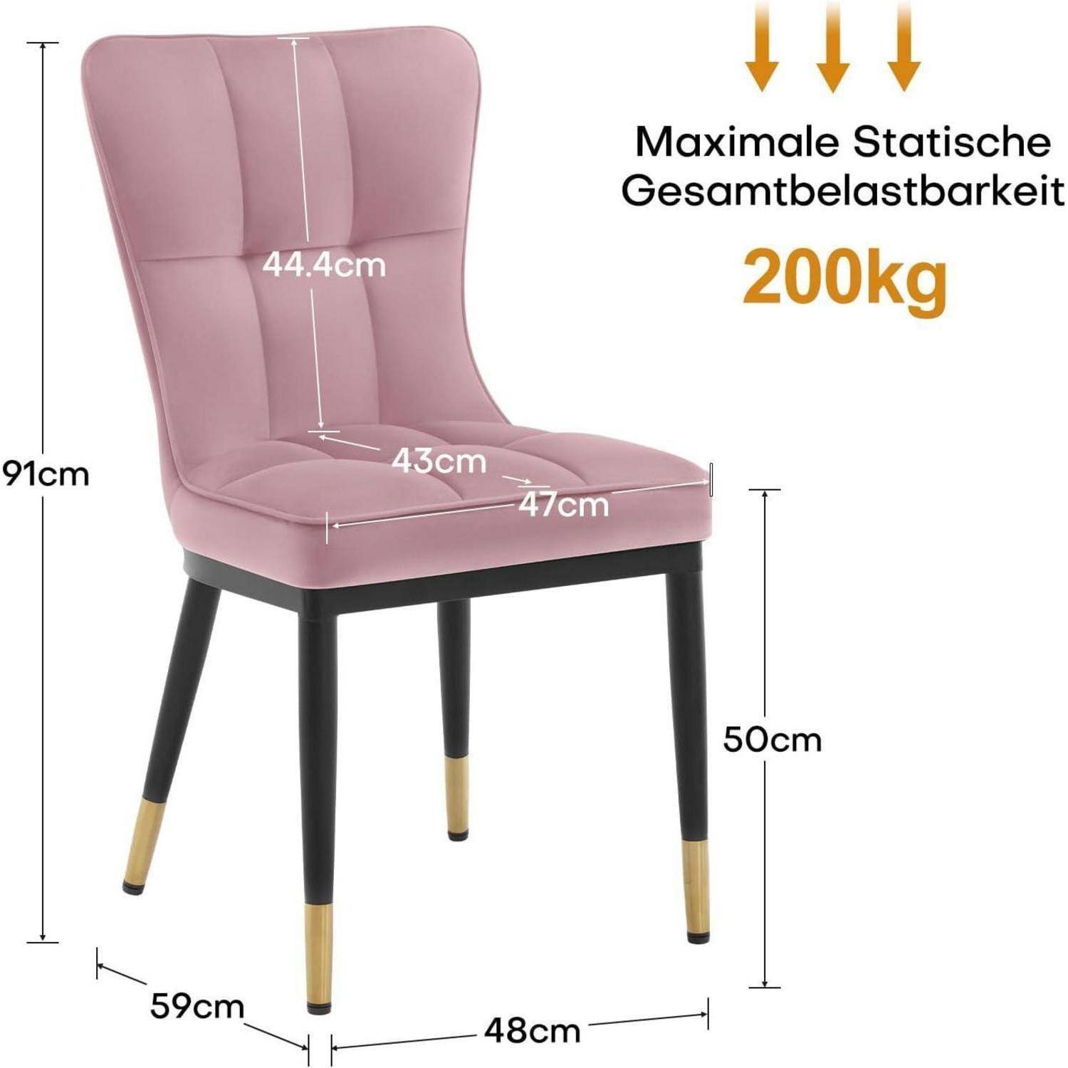 Rosa gepolsterter Esszimmerstuhl mit schwarzen Beinen und goldenen Füßen, mit Abmessungen von 91 cm Höhe, 59 cm Tiefe, 48 cm Breite und maximaler statischer Belastung von 200 kg.