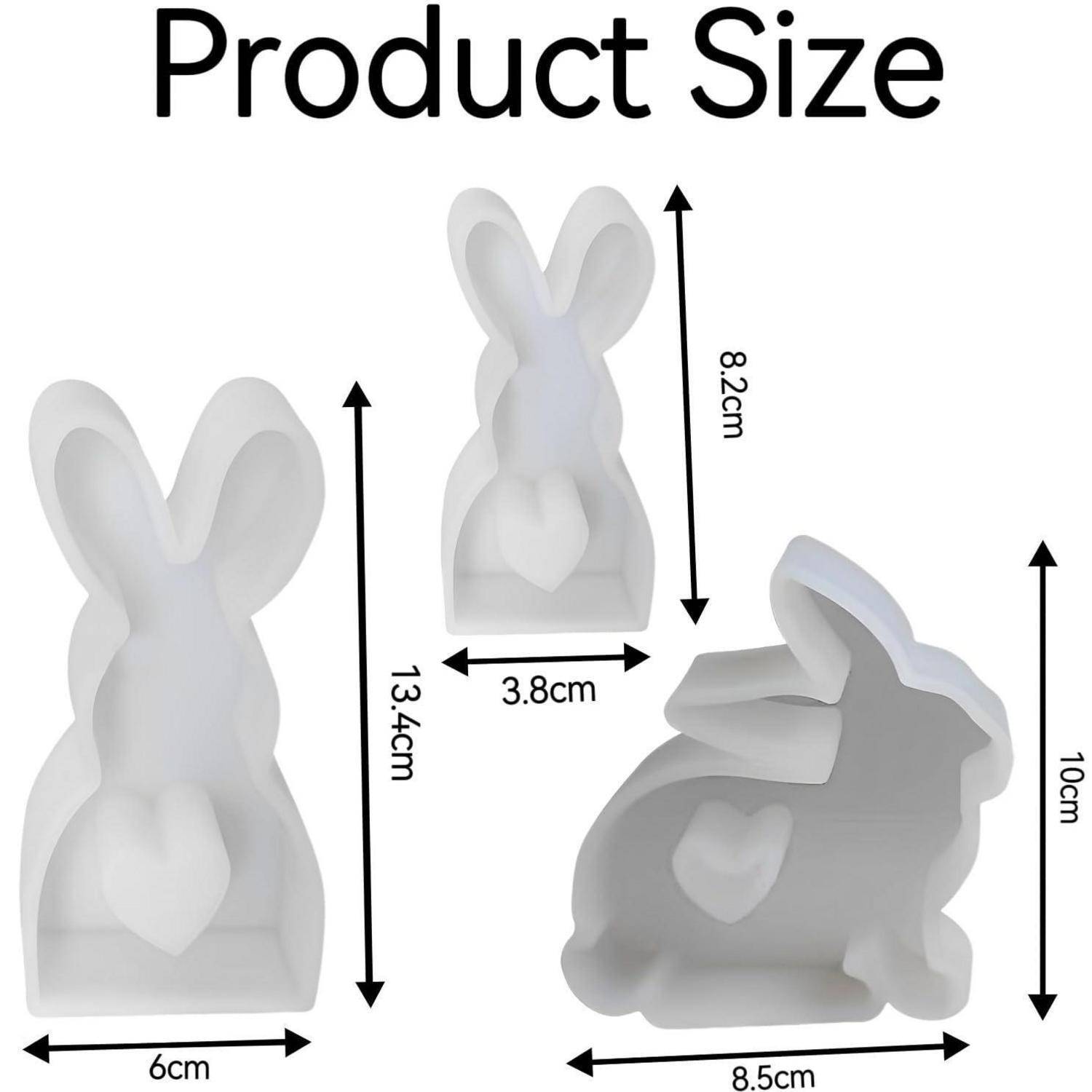 Produktgrößendiagramm, das ein kaninchenförmiges Objekt mit drei Ansichten zeigt: 13,4 cm hoch und 6 cm breit Vorderansicht, 8,2 cm hoch und 3,8 cm breit Vorderansicht, und 10 cm hoch mal 8,5 cm breit Seitenansicht.