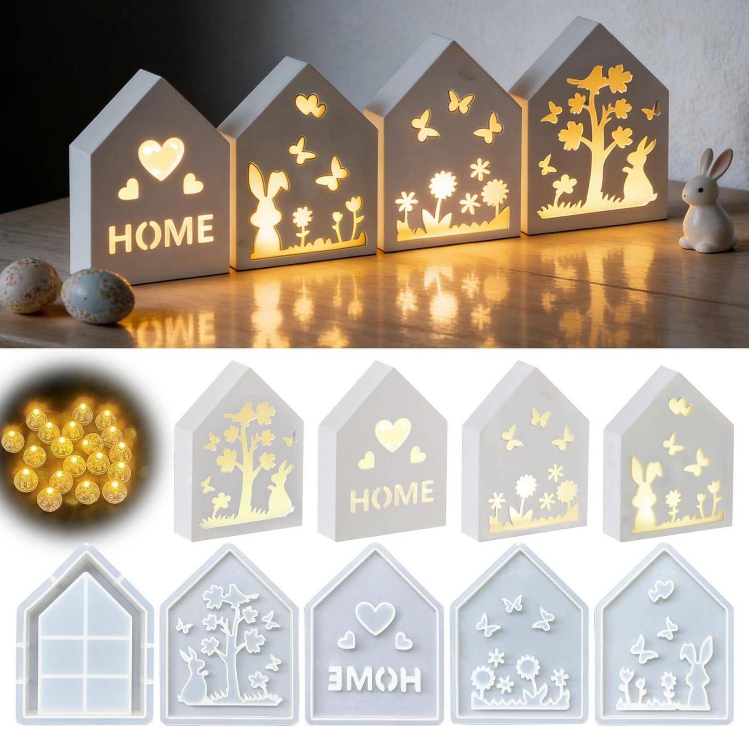 Dekorative hausförmige LED-Nachtlichter in Weiß mit Ausschnittdesigns wie „HOME