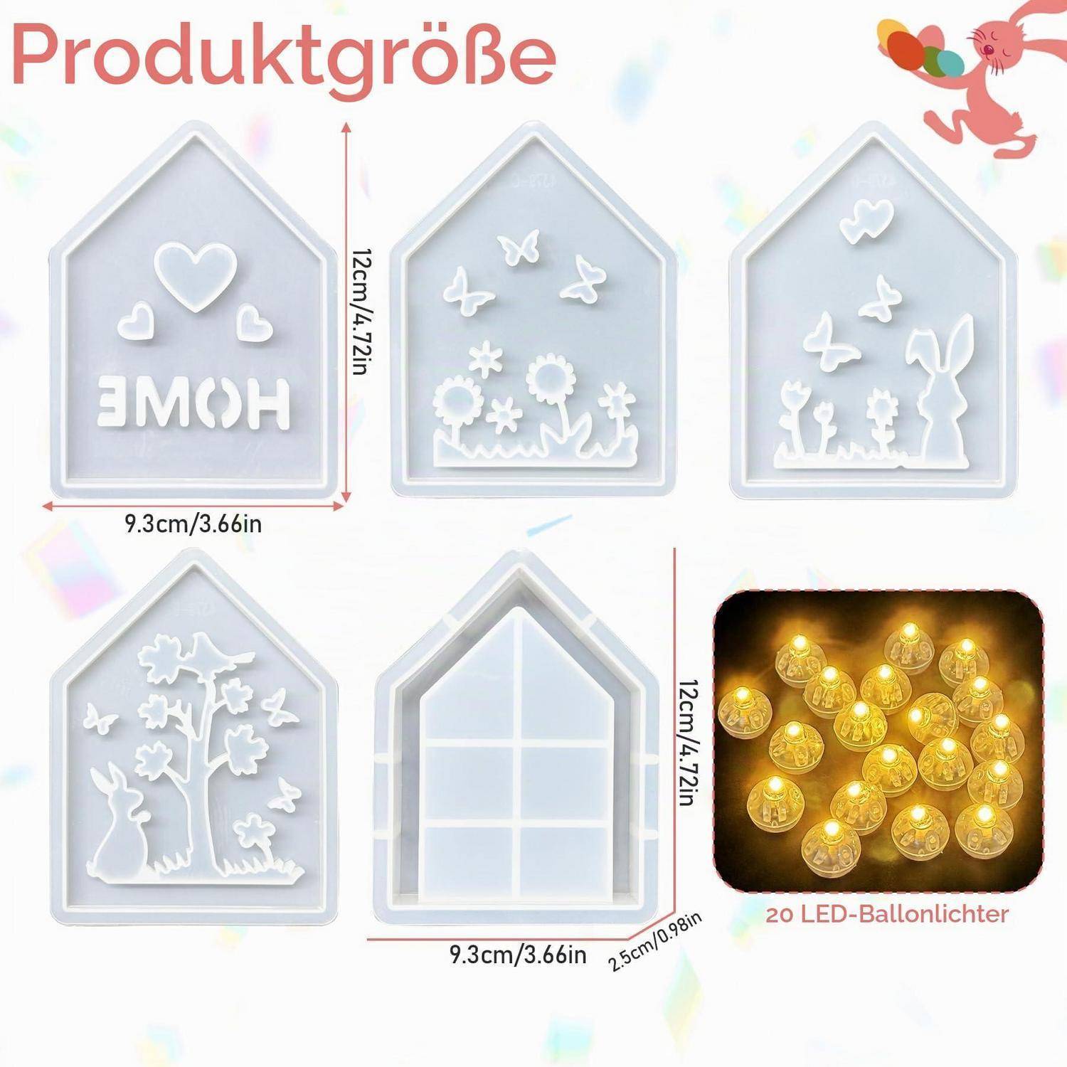 Produktgrößen-Infografik mit fünf 12 x 9,3 cm großen hausförmigen LED-Schattenboxen mit weißen dekorativen Motiven und enthaltenen 20 LED-Ballonleuchten.