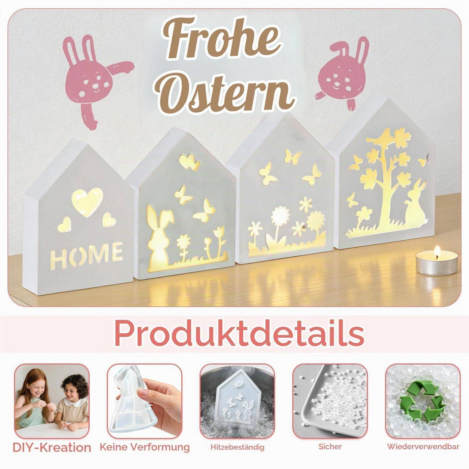 Dekorative Oster-Lichtboxen mit Hasenausschnitten und 'Frohe Ostern' oben; darunter zeigt 'Produktdetails' DIY, formbeständig, hitzebeständig, sicher und wiederverwendbar Eigenschaften.