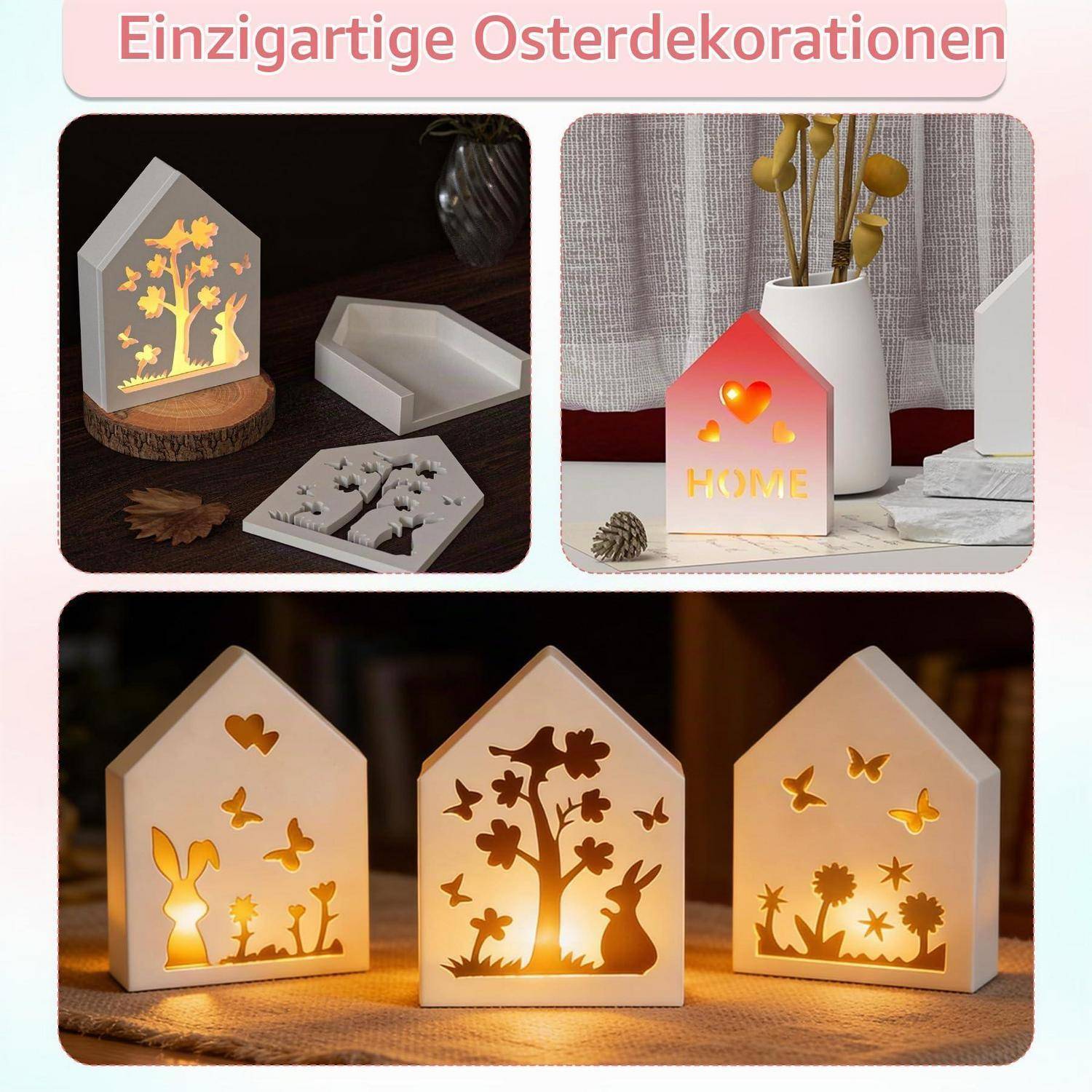 Collage von hausförmigen Osterdekorationen, einschließlich leuchtender LED-Lichtboxen mit Hasen, Schmetterlingen und „HOME", sowie leeren Formen und Anzeigebasen.