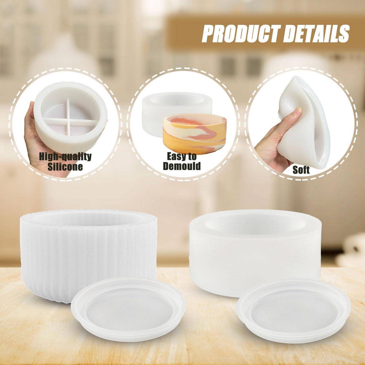 Produktdetails für eine weiße Silikon-Form: hochwertig, weich und leicht zu entformen, gezeigt mit kreisförmigen Formen und Deckeln auf einem Tisch.