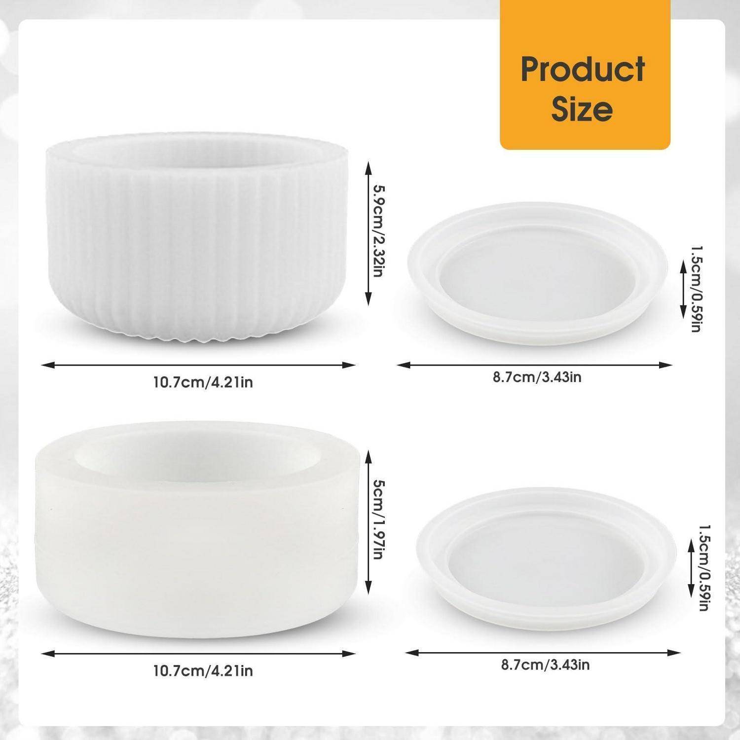 Größentabelle des Produkts mit einer weißen gerippten Schale und einer passenden Untertasse in zwei Ausführungen; die Schale ist 10,7 cm breit und 5,9 cm hoch, die Untertasse ist 8,7 cm breit und 1,5 cm hoch.