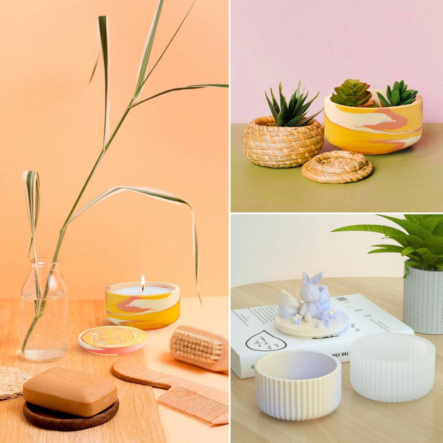 Collage mit Pastellfarben-Heimdekoration: eine Vase mit Schilfrohr, eine Seifenschale, eine Kerze und Pinsel auf einem Holztisch, plus geflochtene Körbe, Sukkulenten-Pflanzgefäße, eine Kaninchen-Figur und gerippte Schüsseln.