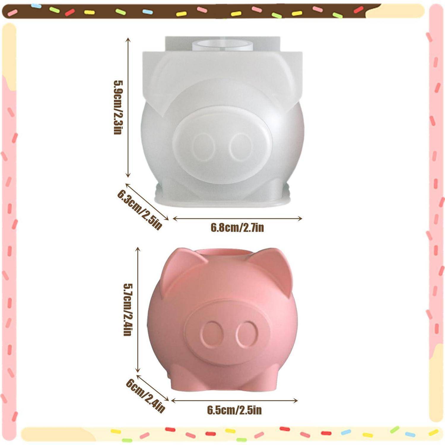 Maßdiagramm von zwei schweineförmigen Behältern, das eine weiße Version und eine rosa Version mit beschrifteten Abmessungen in cm und Zoll zeigt.