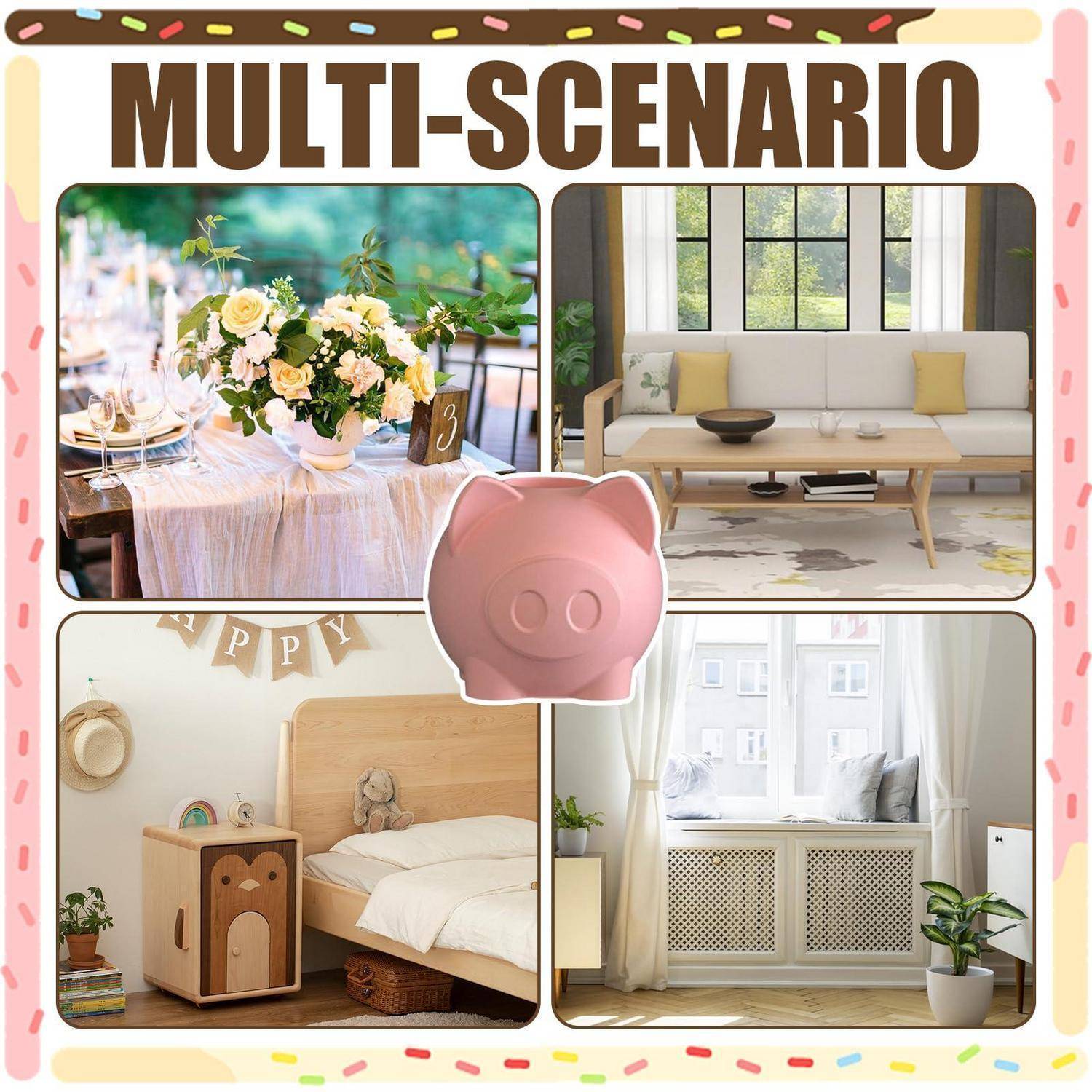 Collage mit dem Titel „MULTI-SCENARIO", das eine rosa Spardose zeigt, die über vier Wohn- und Eventszenen zentriert ist: eine Tischdekoration mit Blumenmotiven, ein Wohnzimmer, ein Kinderschlafzimmer und eine sonnige Fensterbank.