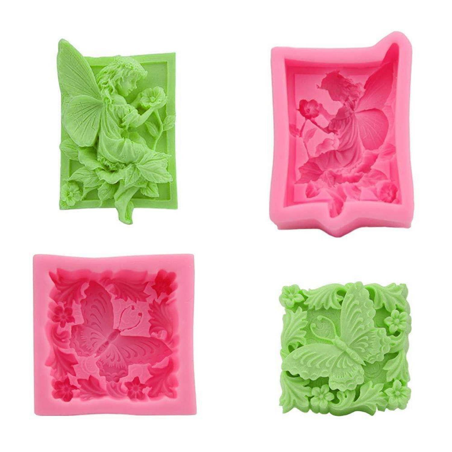 Vier farbenfrohe Silikonformen mit Schmetterlings- und Blumenmotifen im Relief, dargestellt in Grün und Pink auf weißem Hintergrund.