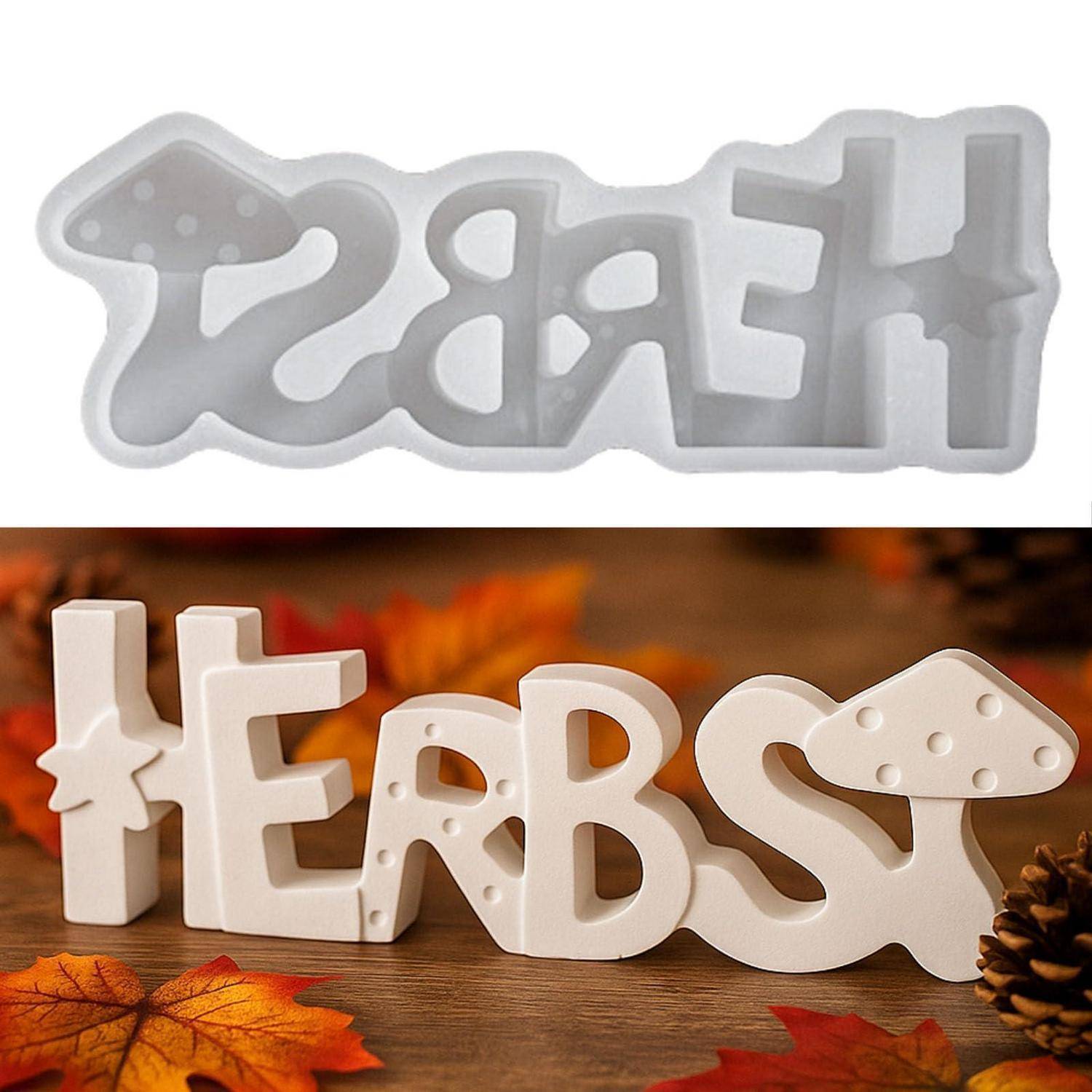 Zwei Ansichten einer Silikonform und fertiger Handwerksbuchstaben, die das Wort „HERBS