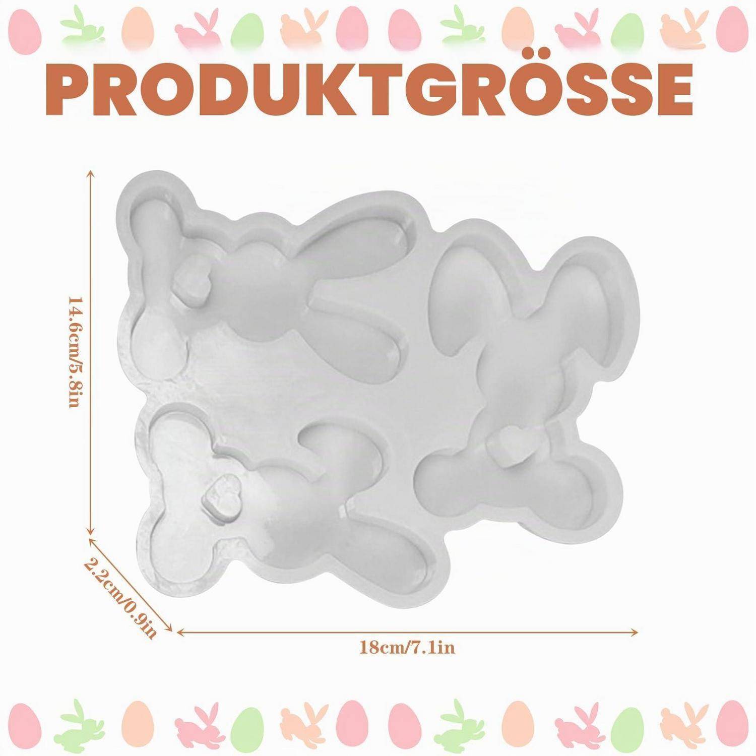 Produktgrößendiagramm zeigt eine kaninchenförmige Form, beschriftet mit „PRODUKTGRÖSSE", mit den Abmessungen 18 cm breit, 14,6 cm hoch und 2,2 cm tief.