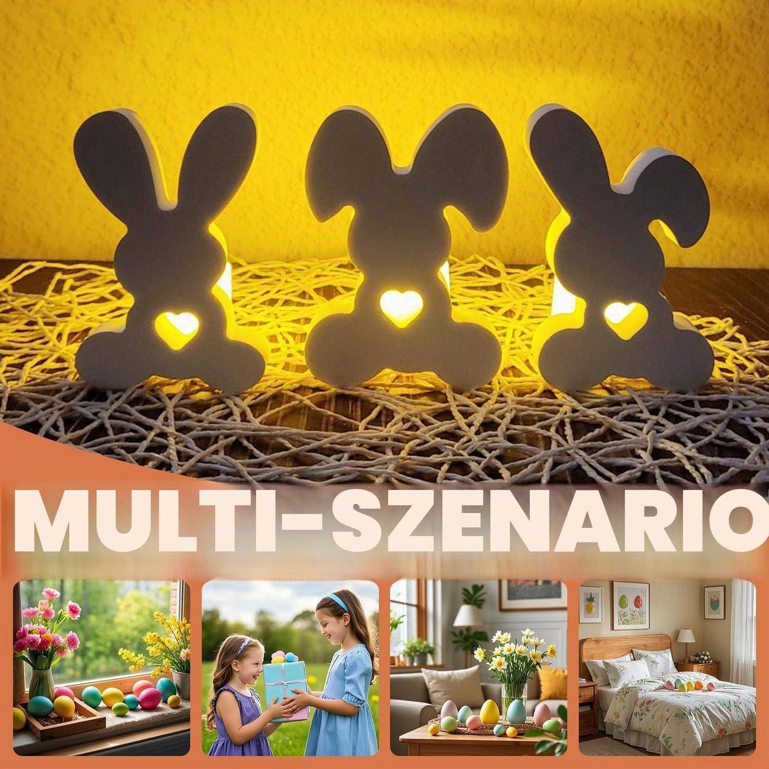 Werbegrafikbild mit dem Titel „MULTI-SZENARIO" zeigt drei leuchtende Hasensilhouetten über vier frühjahrsthematische Szenen: Garteneier, Geschenkaustausch, Ostertisch und dekoriertes Schlafzimmer.