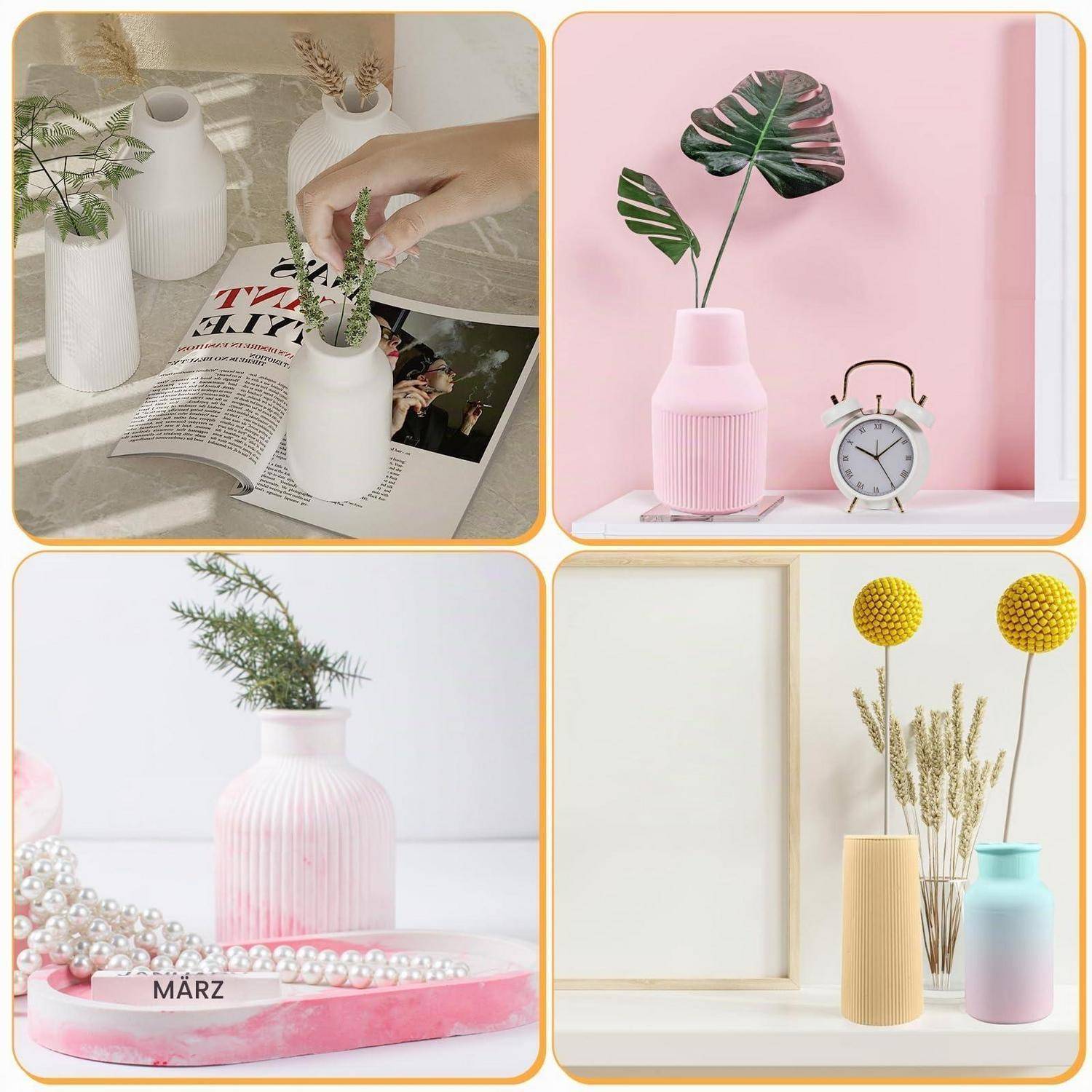 Collage aus pastellfarbenen gerippten Vasen, gestylt mit Pflanzen und dekorativen Stielen in minimalistischen Interieurs, zeigt Wohndekorations-Ideen auf rosa und weißen Hintergründen.