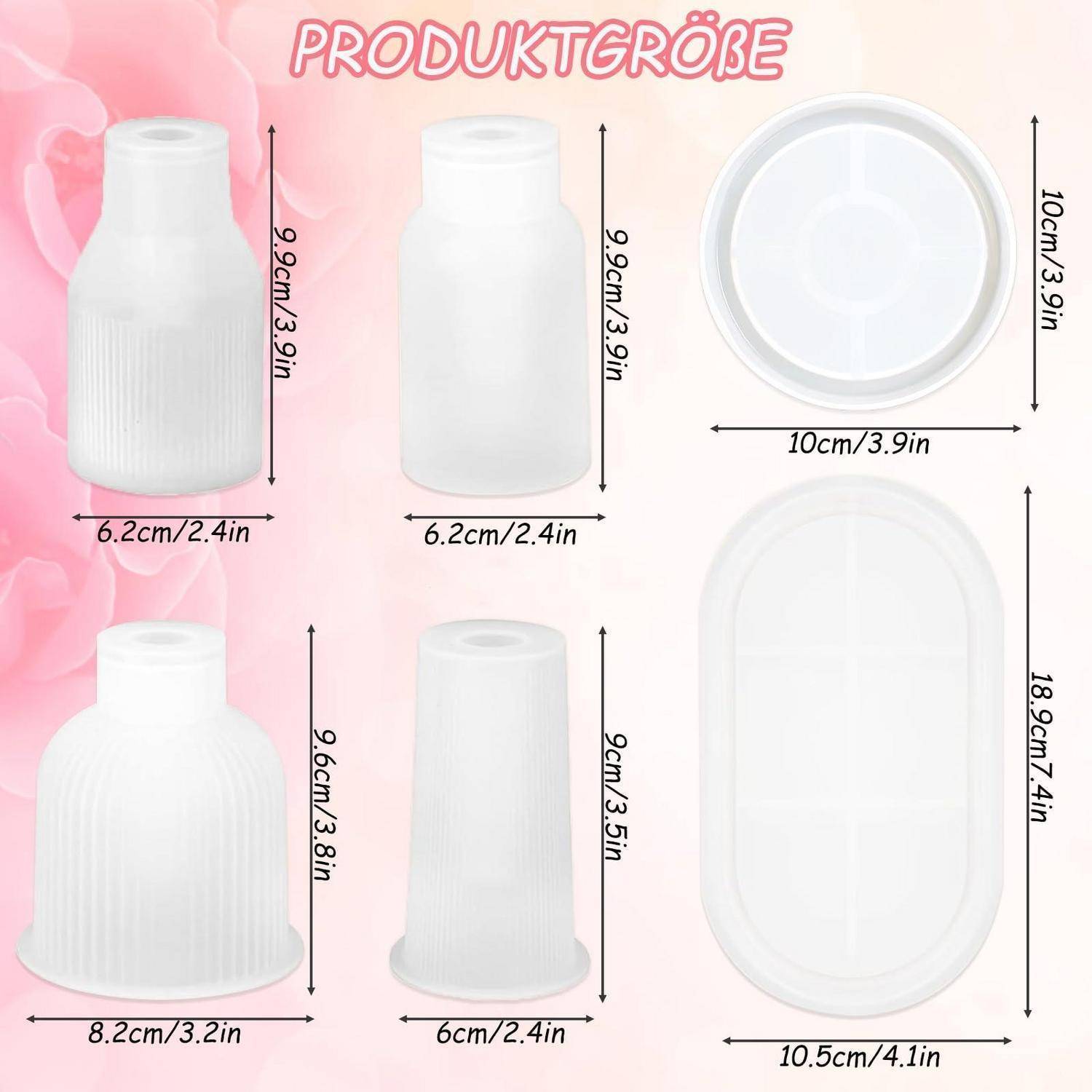 Größentabelle für Produkt für weiße zylindrische und ovale Behälter mit der Bezeichnung „PRODUKTGRÖSSE", die Abmessungen von etwa 6 bis 10,5 cm Breite und 9 bis 18,8 cm Höhe zeigt.