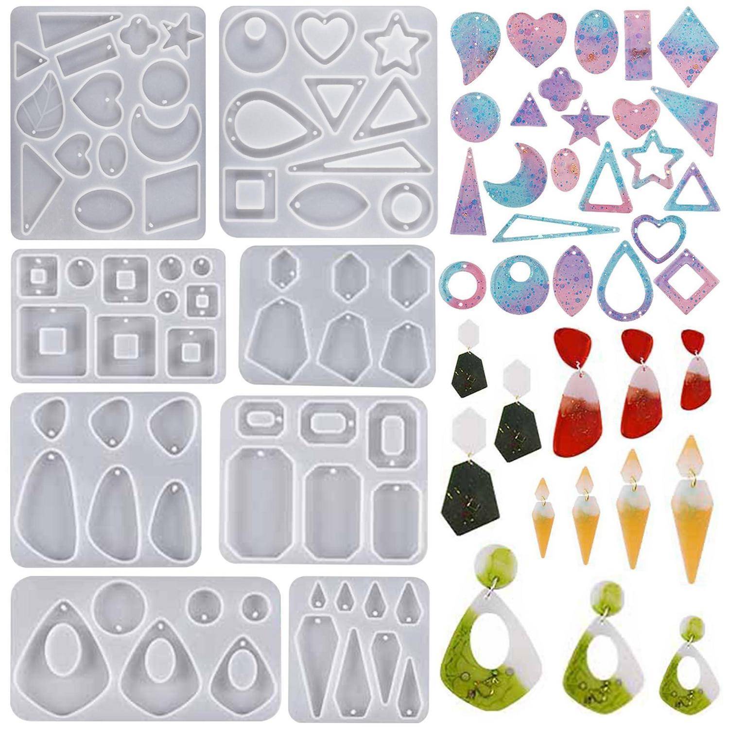 Collage von Silikon-Ohrringe-Gussformen und fertigen Muster-Ohrringe in verschiedenen geometrischen, Tropfen- und Fächerformen.