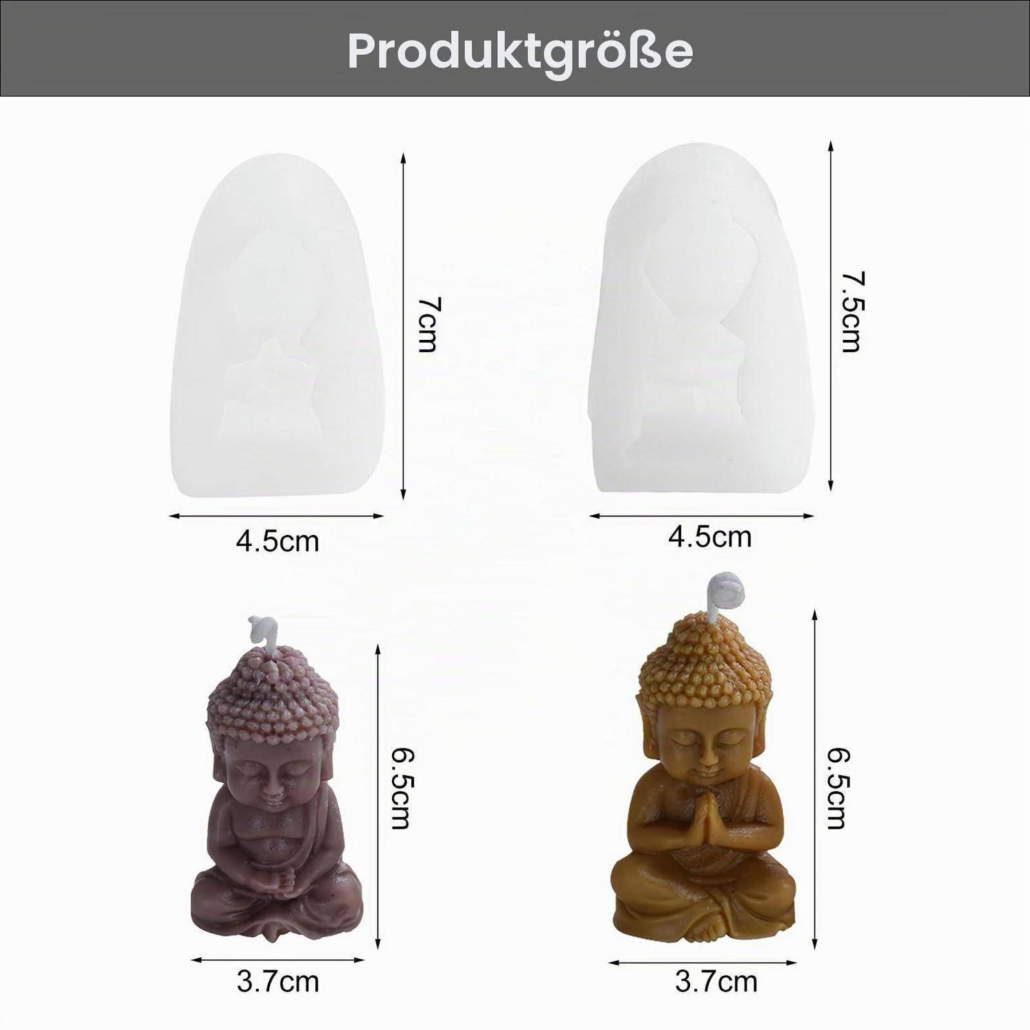 Größentabelle für Produkte mit zwei Buddha-Figurinen-Formen: eine 7 cm hoch und 4,5 cm breit, die andere 7,5 cm hoch und 4,5 cm breit; fertige Statuen werden als 6,5 cm hoch und 3,7 cm breit dargestellt.