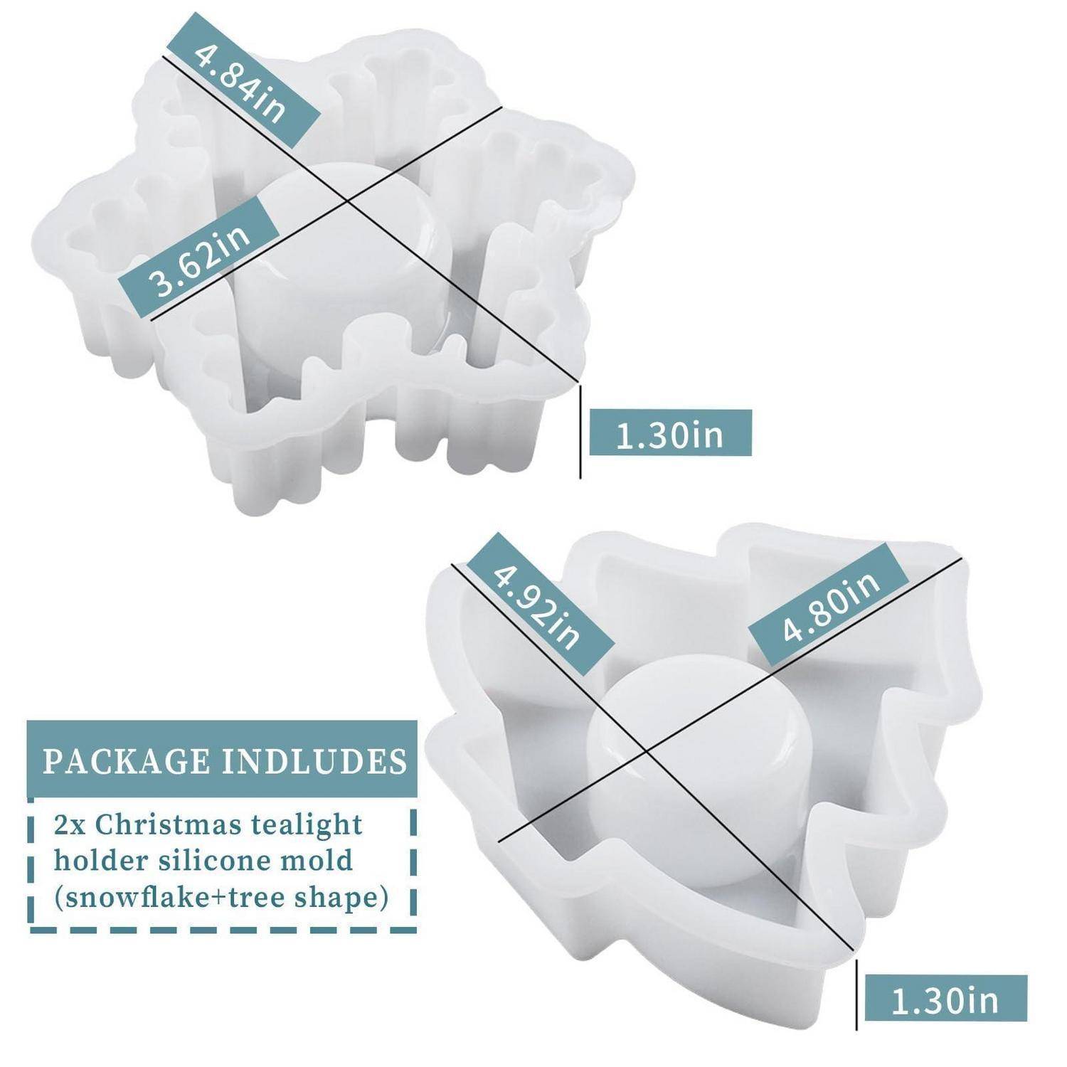 Diagramm einer Weihnachts-Teelichtalter-Silikonform in Schneeflocken- und Baumformen, mit den Abmessungen: etwa 4,84 x 3,62 x 1,30 Zoll und 4,92 x 4,80 x 1,30 Zoll; das Paket enthält 2 Formen.