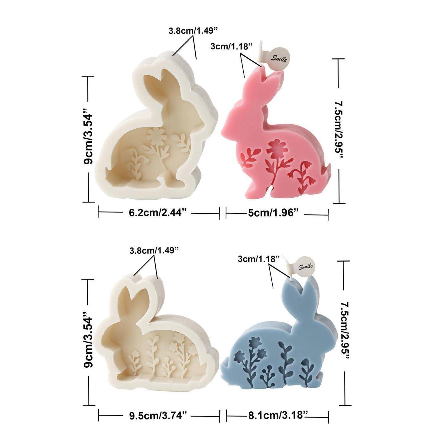 Vier kaninchenförmige Silikonformen in Beige, Rosa, Creme und Blau, mit Abmessungen für Höhe und Breite dargestellt; jede Form hat ausgeschnittene Blumendetails.