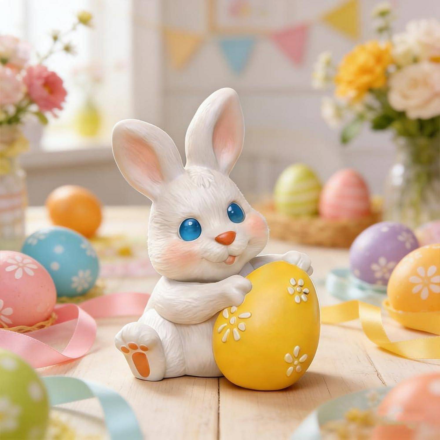 Weiße Hase-Figur, die ein gelbes Osterei umarmt, umgeben von pastellfarbenen dekorierten Eiern und Frühjahrsblumen in einer festlichen Szene.