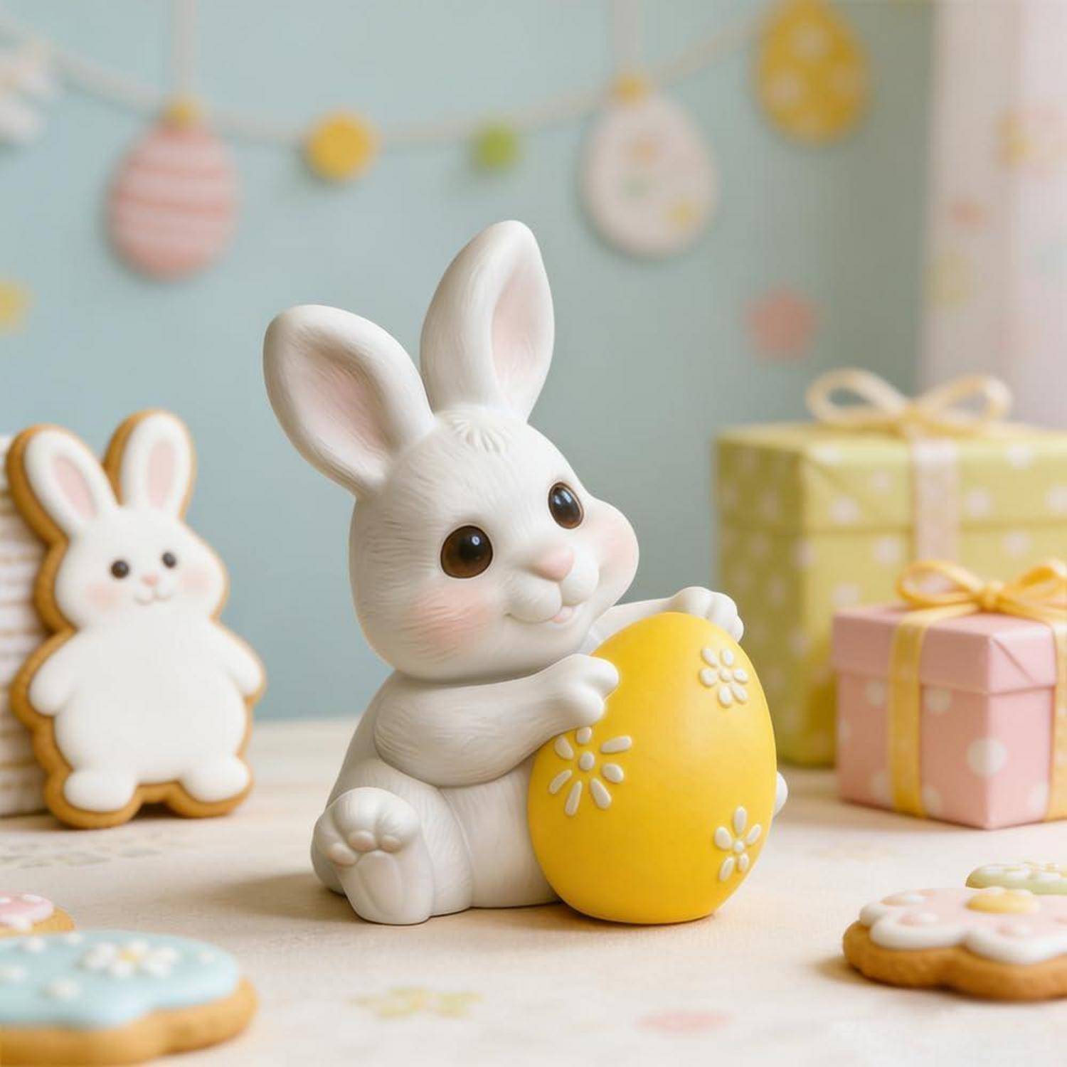 Weiße Hasenstatuette, die ein gelb verziertes Ei umarmt, mit einem weiteren Hasen-Keks und pastellfarbenen Geschenkboxen in einer Frühjahrsszene.