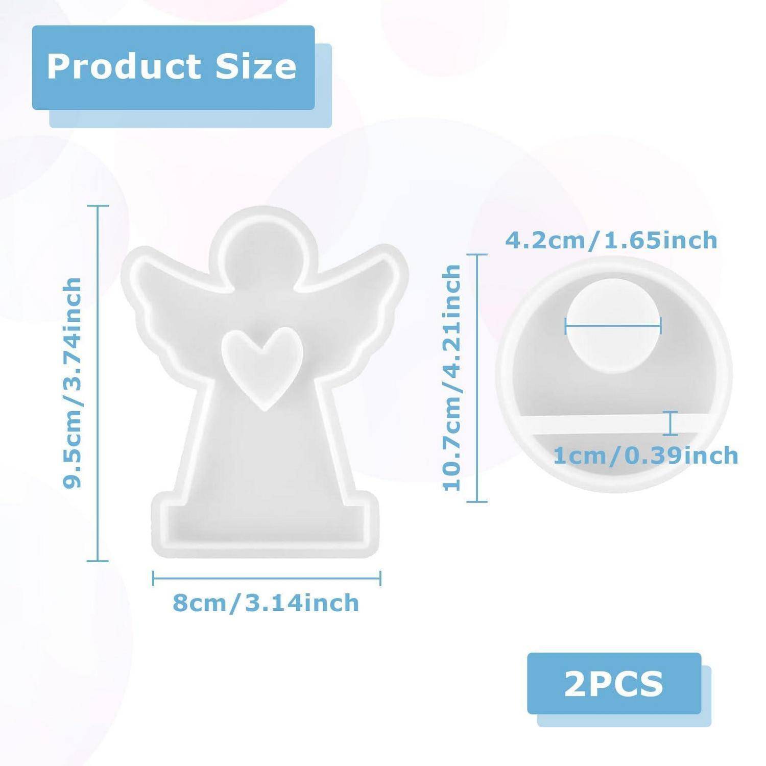 Produktgrößendiagramm für einen zweiteiligen Engelschmuck: 9,5 cm hoch, 8 cm breit; rundes Stück 10,7 cm hoch, 4,2 cm breit, 1 cm dick.
