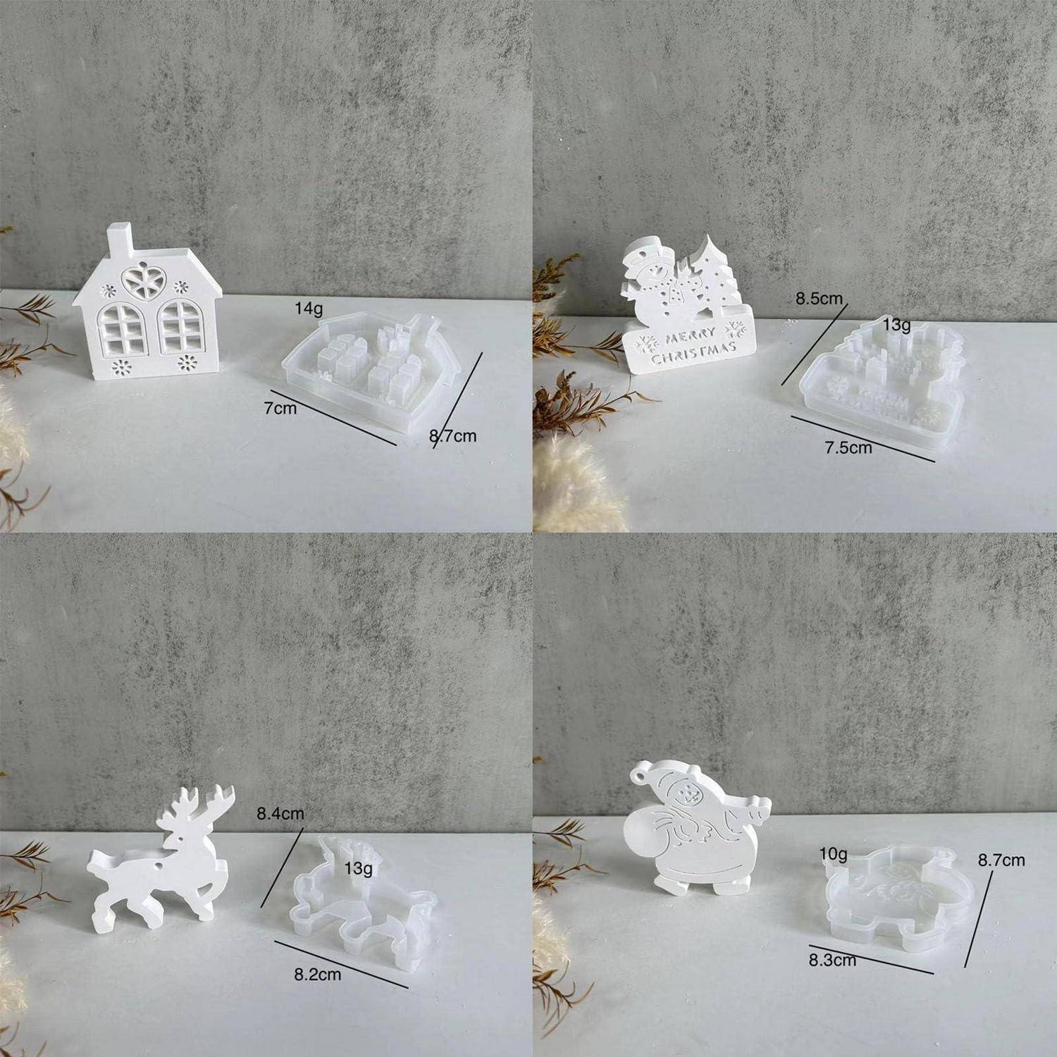 Vier-Platten-Collage zeigt weiß 3D-gedruckte, feiertags-thematische Formen oder Ornamente neben transluzenten Harsgüssen, jeweils beschriftet mit Größenmessungen und Gewicht in Gramm.