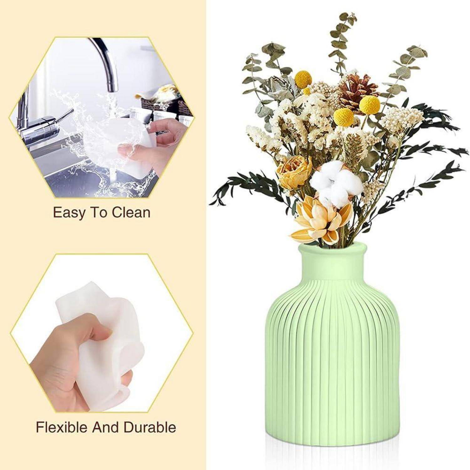 Hellgrüne gerippte Vase mit getrockneten Blumen; Einschubbilder zeigen, dass sie leicht zu reinigen ist und aus flexiblem, strapazierfähigem Material besteht.