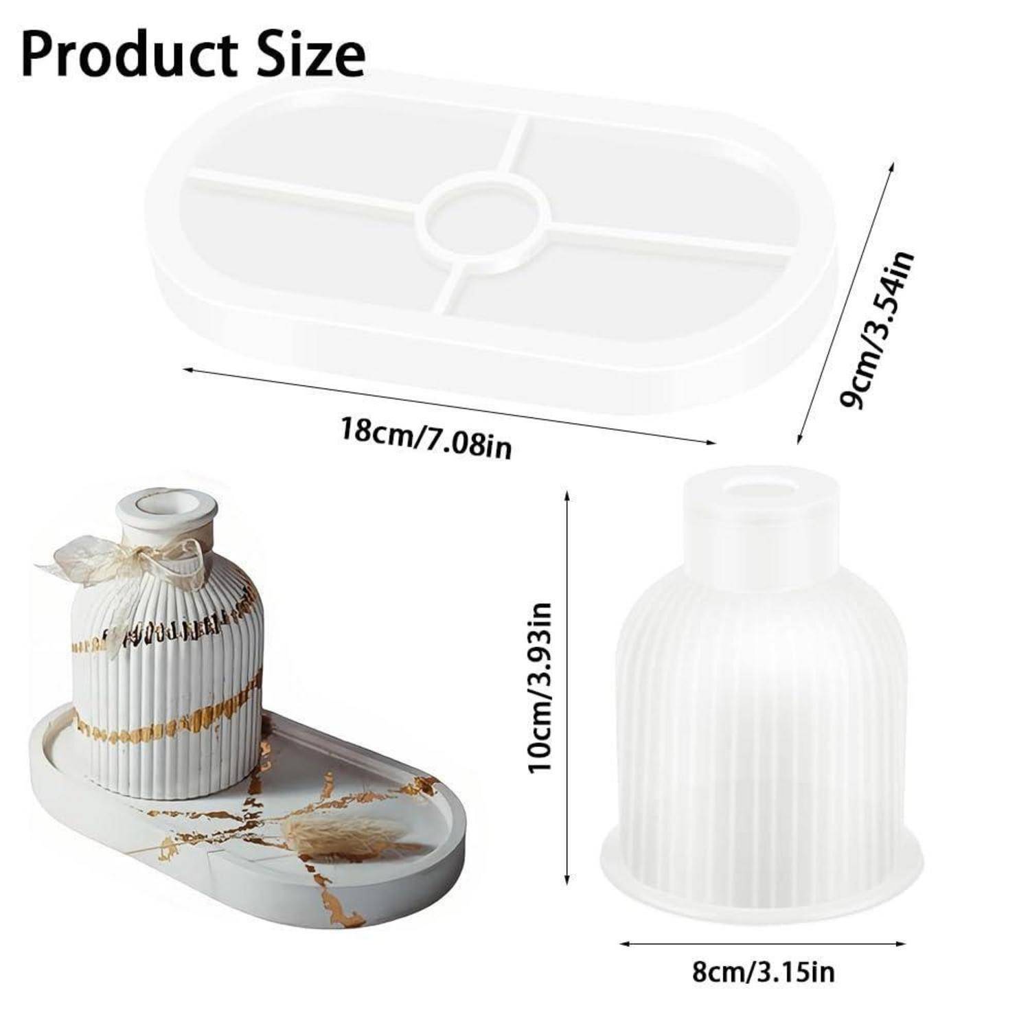 Produktgrößendiagramm mit einem Tablett und einer gerippten Flaschenabdeckung, mit den Abmessungen 18 cm x 9 cm für das Tablett und 10 cm x 8 cm für die Abdeckung.