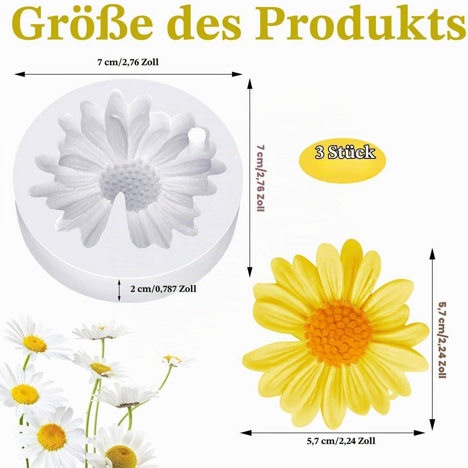 Größendiagramm der Produktform für blütenförmige Formen: Runde Form 7 cm breit und 2 cm tief, gelbe Blüte 5,7 cm breit, gekennzeichnet mit „3 Stück" (3 Stück).