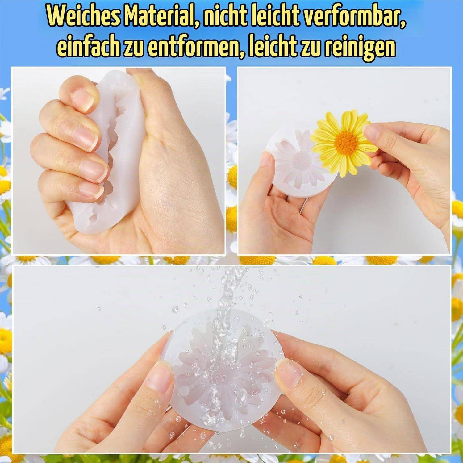 Werbebild, das zeigt, wie eine weiche, durchsichtige Gelmasse gequetscht wird, mit einer Blume geformt und unter Wasser gespült wird; der deutsche Text besagt, dass sie leicht zu formen und zu reinigen ist.