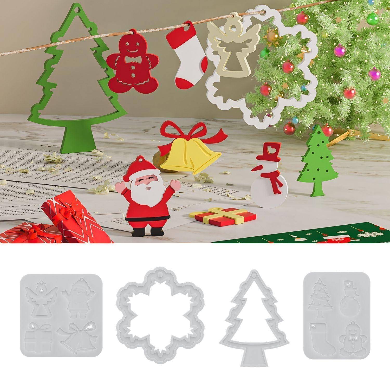 Weihnachtsthematische Handwerkausstellung mit hängenden Papierverzierungen und einem verzierten Baum; darunter befinden sich vier festliche Silikonform- oder Schablonenformen für Weihnachtsdesigns.