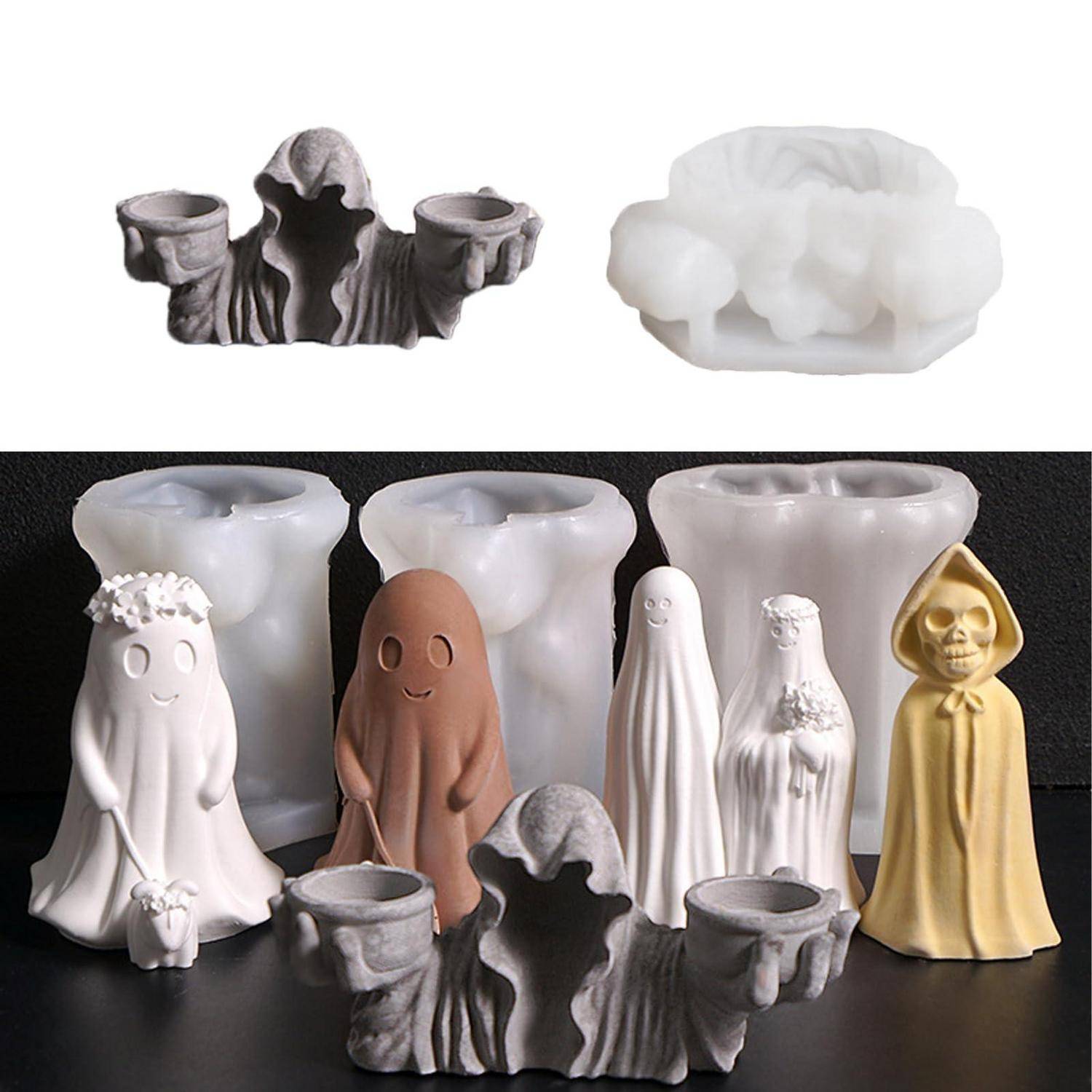 Halloween-Kerzenformen und fertige Kerzen in Form von Gespenstern, Totenköpfen und vermummten Figuren in Weiß, Grau, Braun und Gold.