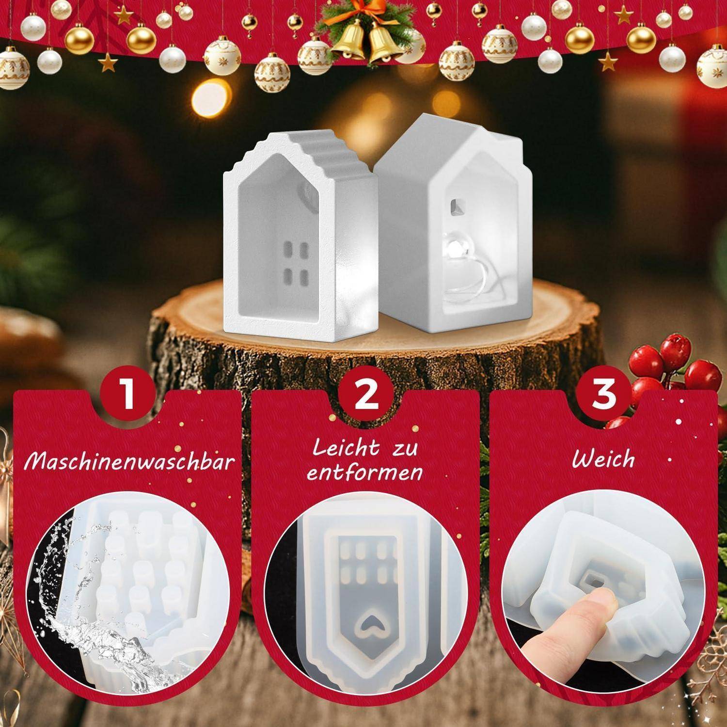 Weihnachtsthemenbezogene Produktgrafik mit zwei weißen hausförmigen Formeneinsätzen auf einem Baumstumpf, mit drei deutschen Beschriftungen: „Maschinenwaschbar", „Leicht zu entformen"" und „Weich"".