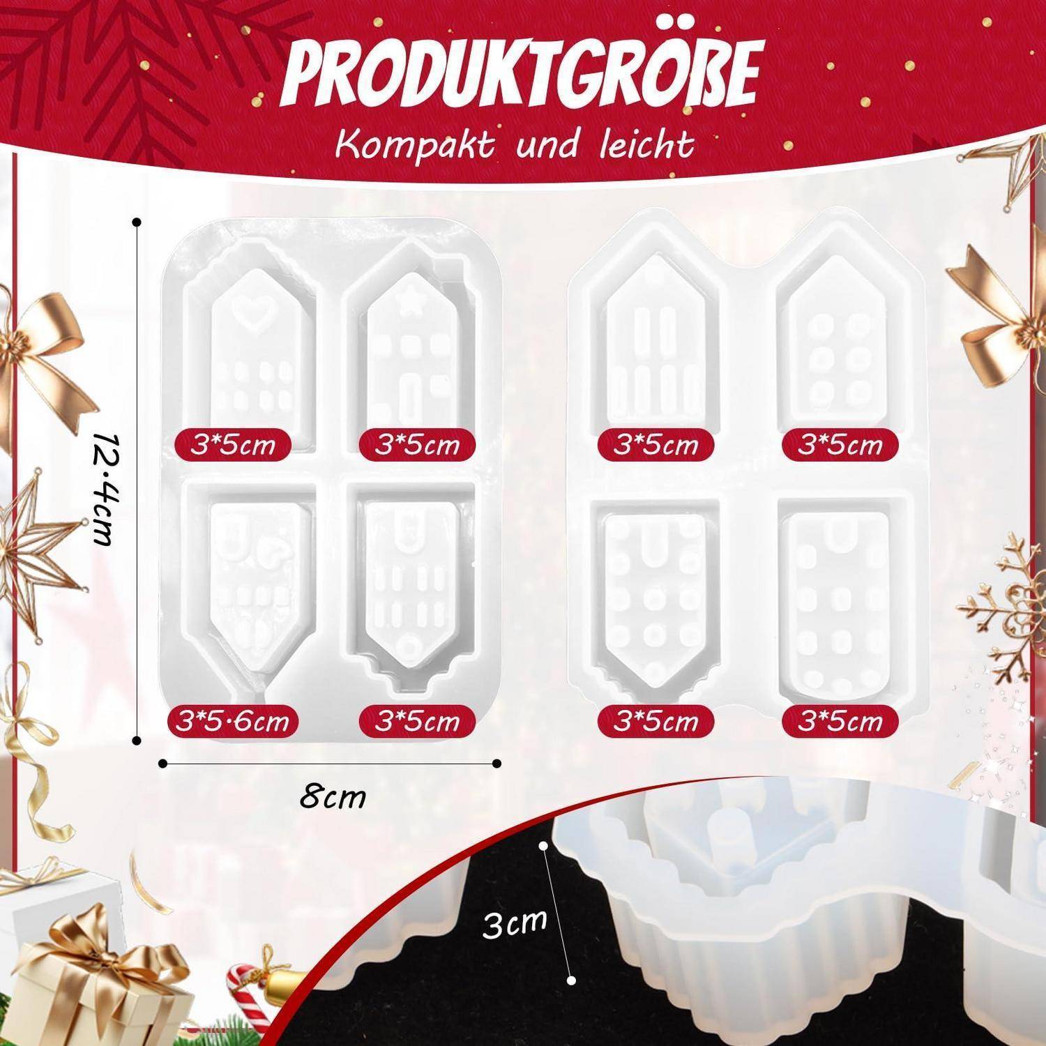 Produktgrößen-Diagramm mit dem Titel „PRODUKTGRÖSSE – Kompakt und leicht", das ein Tablett mit vier dekorierten Formformen zeigt; Gesamtgröße 12,4 cm x 8 cm, Hohlräume gekennzeichnet 3×5 cm und 3×6 cm.