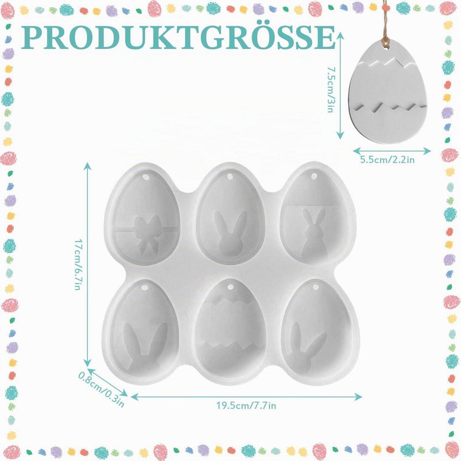 Produktgrößendiagramm mit einer 6er-Kavitäten-Eiförmigen Form, mit Abmessungen von 19,5 cm Breite, 17 cm Höhe, 0,8 cm Tiefe und einem hängenden Ei-Etikett von 7,5 x 5,5 cm.