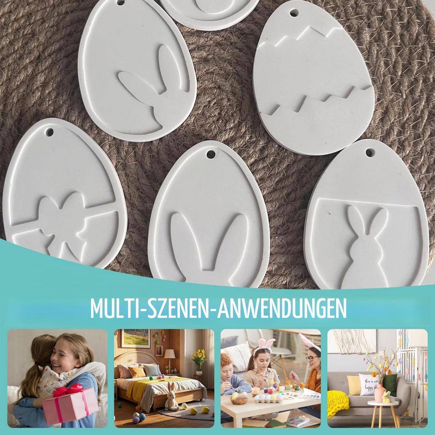 Werbebild von weißen, eiförmigen Handwerksmolden mit Hase- und Bergausschnitten über einem Banner mit der Aufschrift „MULTI-SZENEN-ANWENDUNGEN