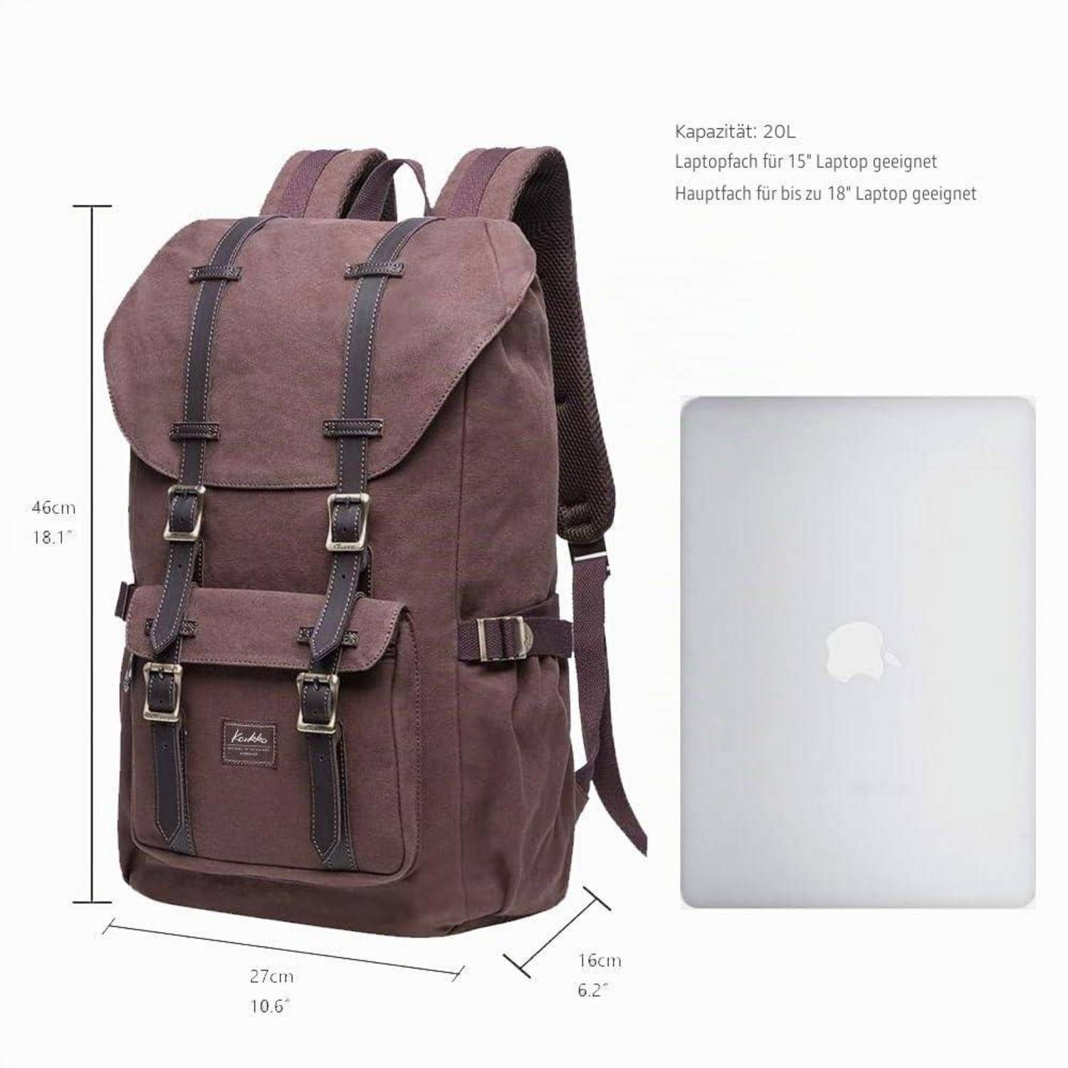 Braune Rucksack mit Rolltop und vorderen Schnallen, gezeigt mit Größenetikett 46 cm x 27 cm x 16 cm und einem Laptop als Maßstab; Text weist auf 20-L-Kapazität hin, passt für 15-Zoll-Laptop und bis zu 18-Zoll-Hauptfach.