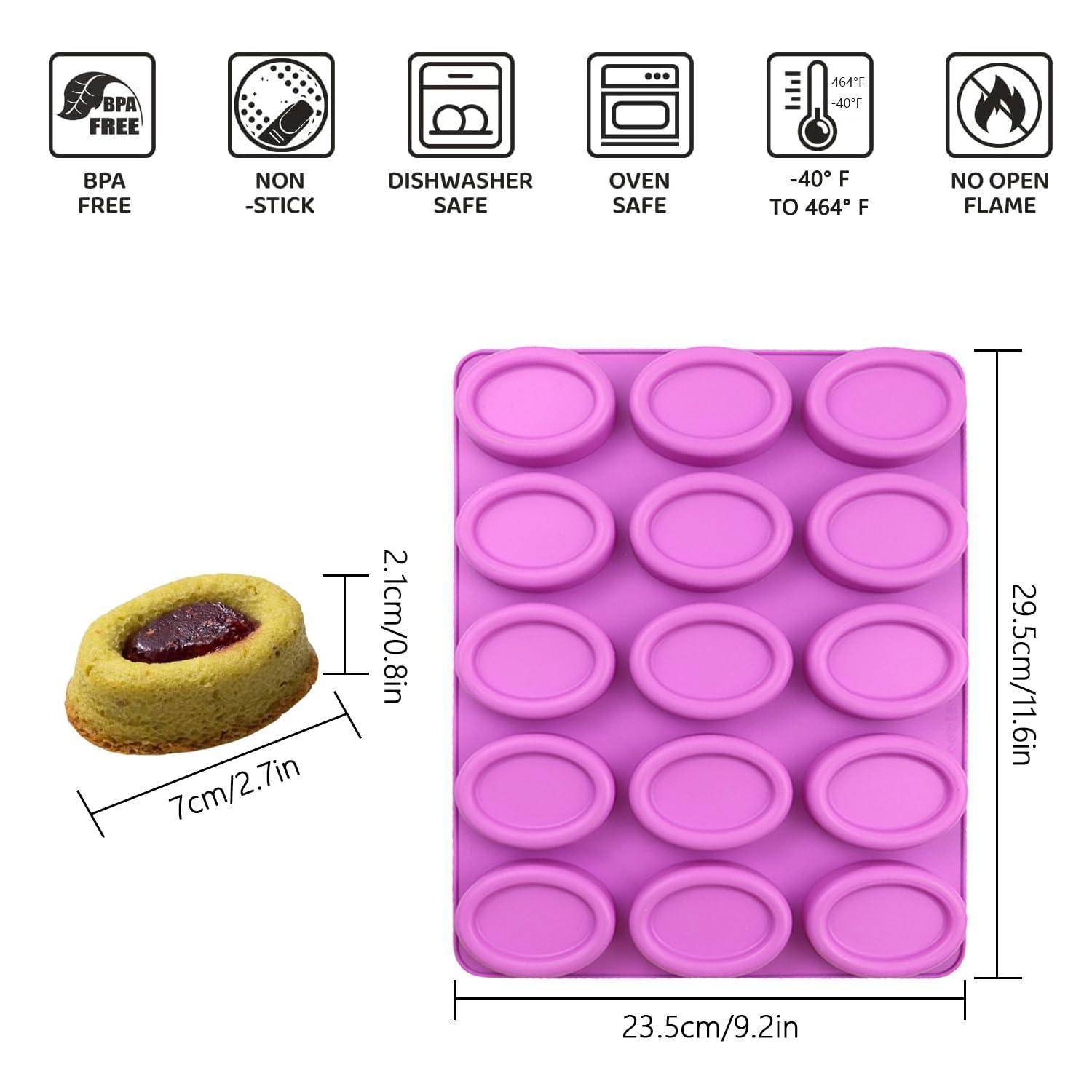 Lila Silikonform mit 12 runden Mulden; Abmessungen 23,5 x 29,5 cm, Muldengrößße 7 x 2,1 cm, hitzebeständig von -40°F bis 464°F, spülmaschinen- und ofenfest.