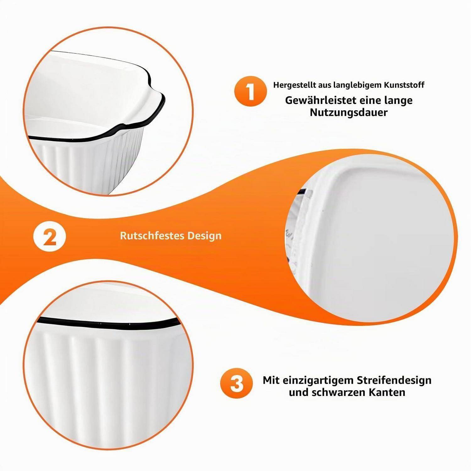 Infografik eines weißen Kunststoffbehälters mit drei Merkmalen: langlebares Material, rutschfestes Design und gestreiftes Design mit schwarzen Kanten.