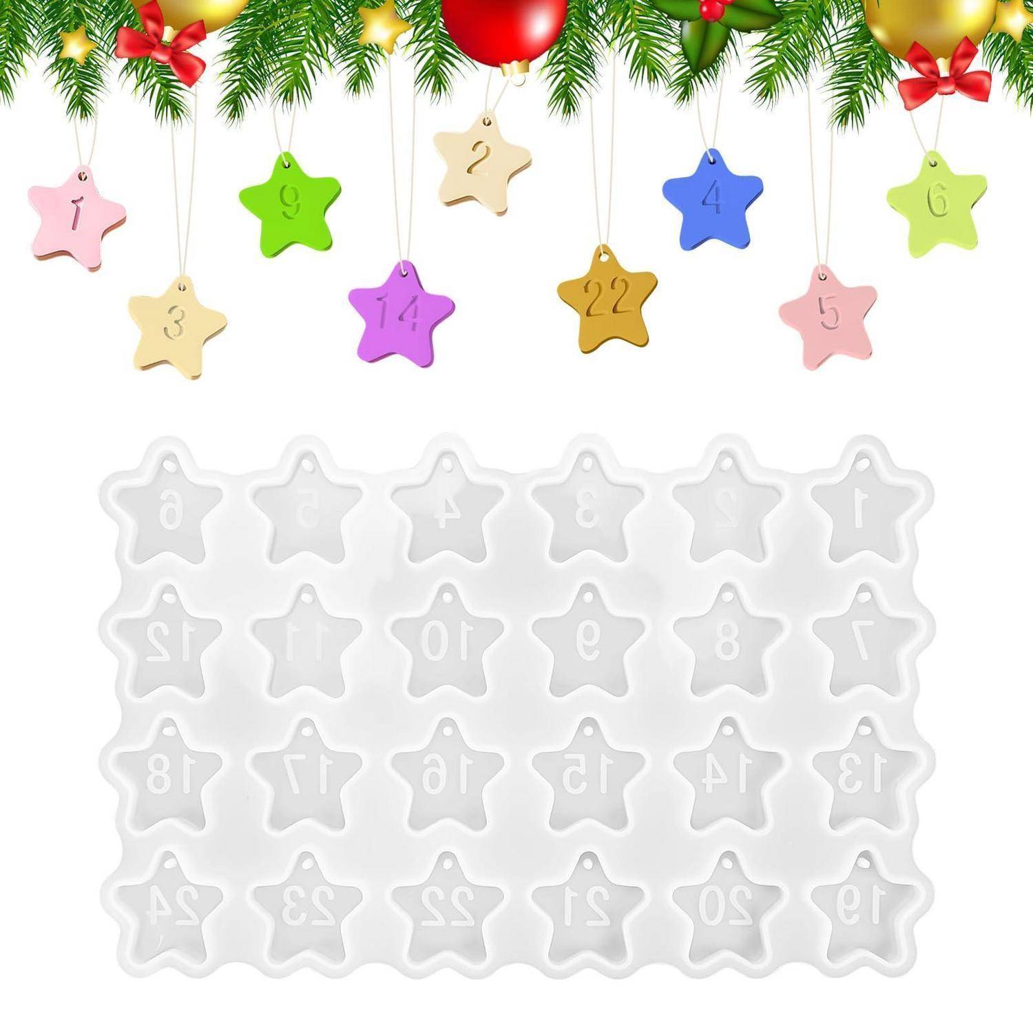 Weihnachtsstern-Ornament-Form mit nummerierten Sternformen, gezeigt unter einer festlichen Girlande und farbenfrohen Stern-Beispieldekorationen.