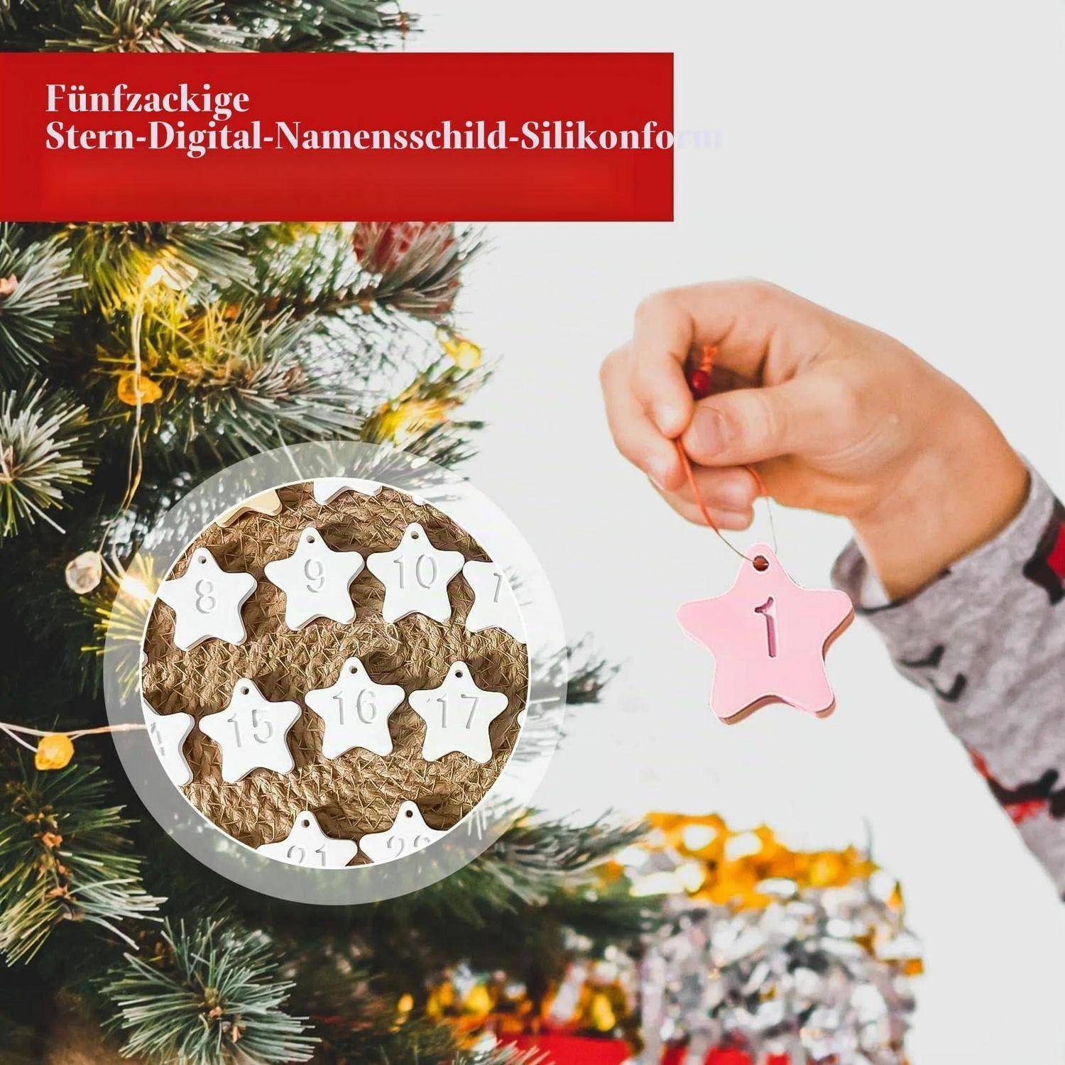 Eine Hand hängt einen rosa Sternenanhänger mit der Nummer 1 neben einen Weihnachtsbaum; die Vergrößerung zeigt weiße Sternennummernmarken für einen adventstilisierten Countdown-Satz.