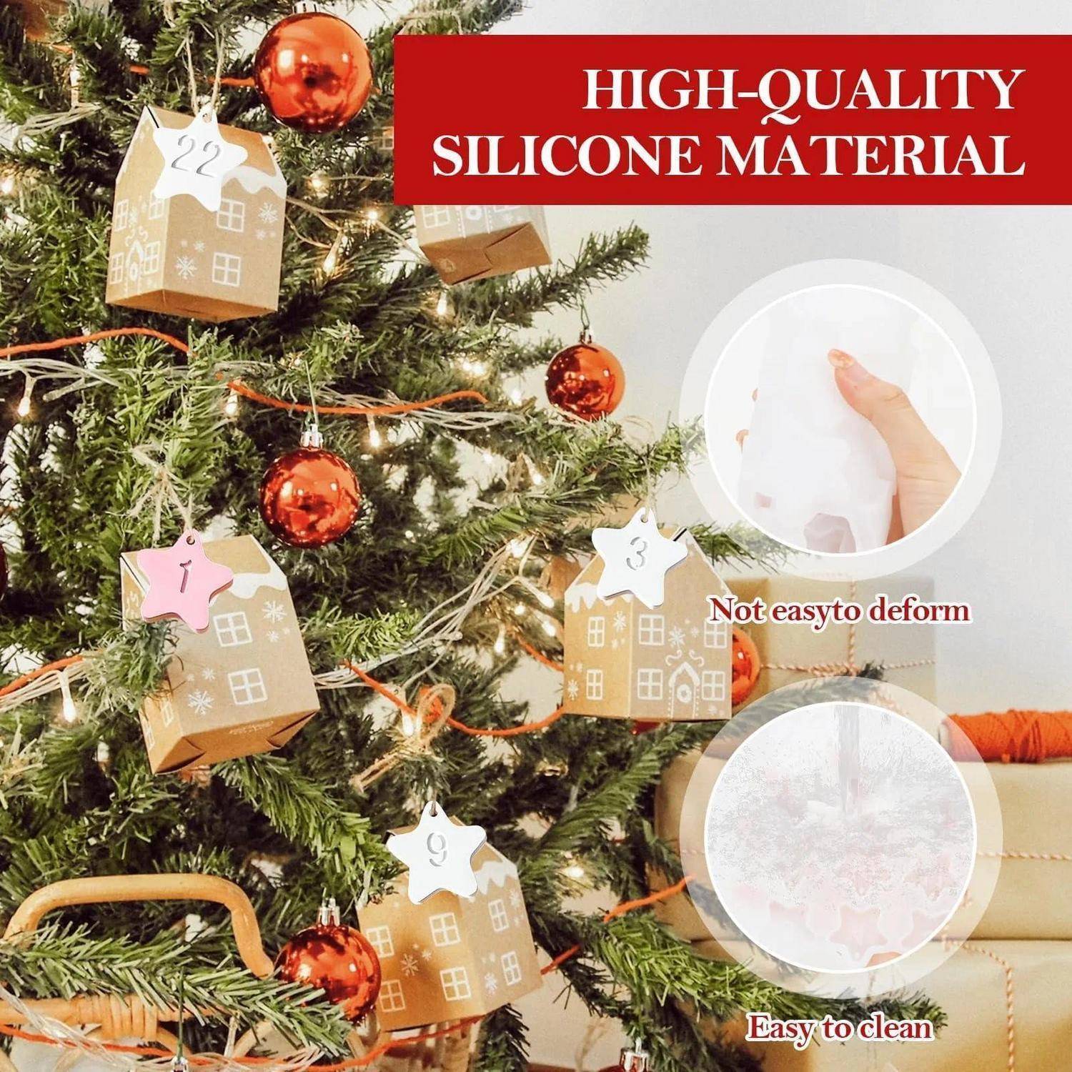 Adventskalender-Boxen hängen an einem Weihnachtsbaum; der Text bewirbt „HOCHWERTIGES SILIKONMATERIAL" mit Hinweisen „Nicht leicht zu verformen"" und „Leicht zu reinigen"".