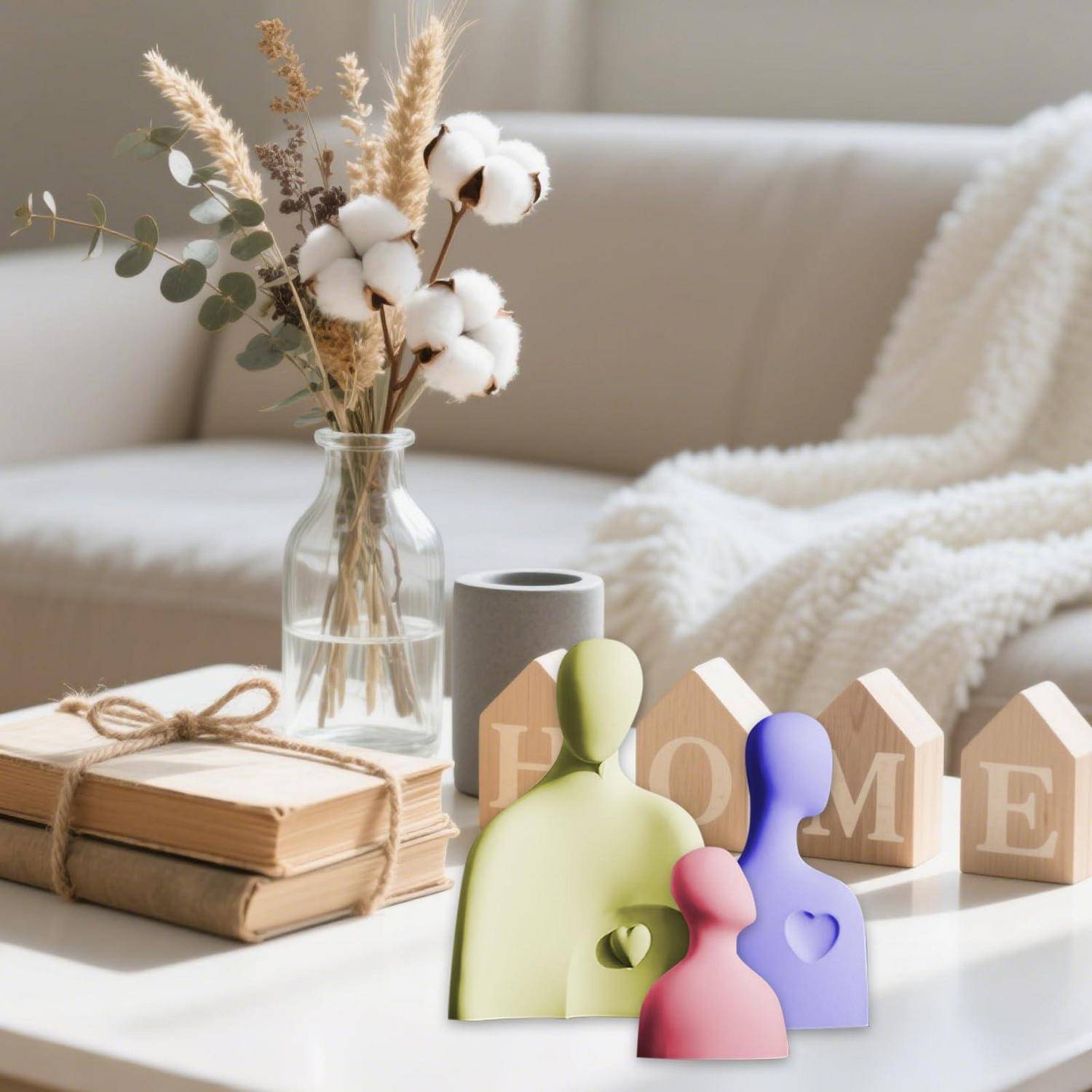 Dekorative Wohnszene mit Holzblöcken in der Aufschrift „HOME", Matroschka-Figuren, eingepackten Büchern und einer Vase mit getrockneten Blumen auf einem Couchtisch.