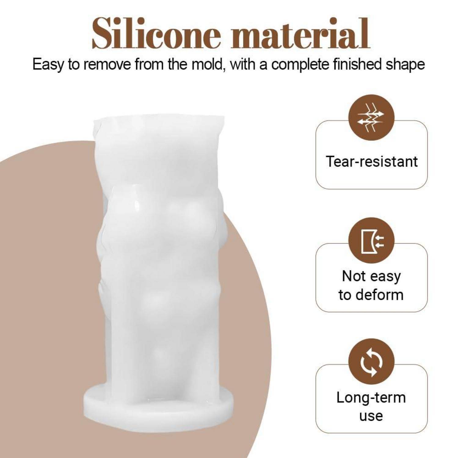 Bewerbungsgrafik eines Silikonformenmaterials mit einer fertigen weißen geformten Form, gekennzeichnet als reißfest, nicht leicht zu verformen und für den Langzeitgebrauch geeignet.