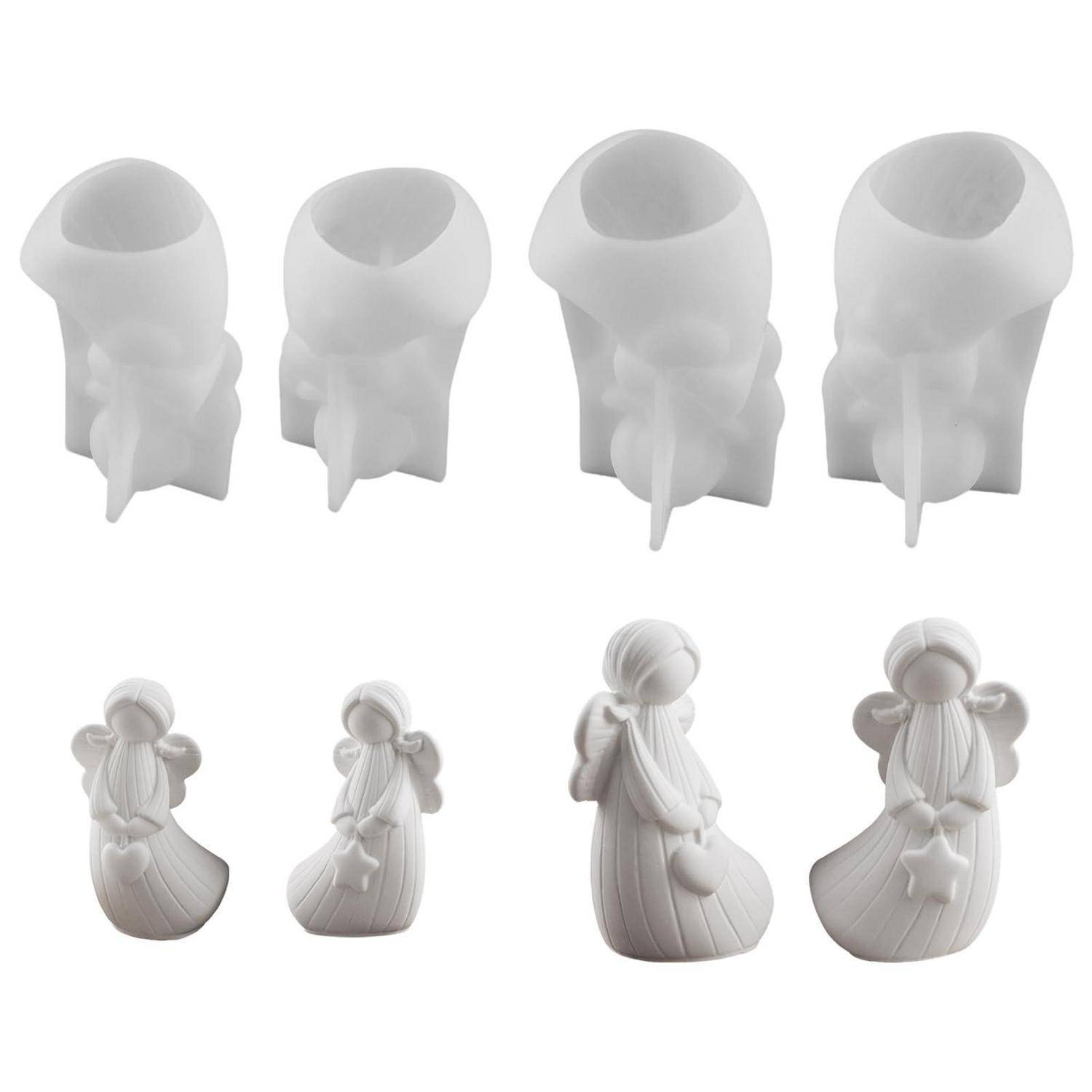 Vier Graustufendarstellungen einer kleinen sitzenden Engelfigur aus verschiedenen Blickwinkeln, die das 3D-Modell und die Oberflächenfalten zeigen.