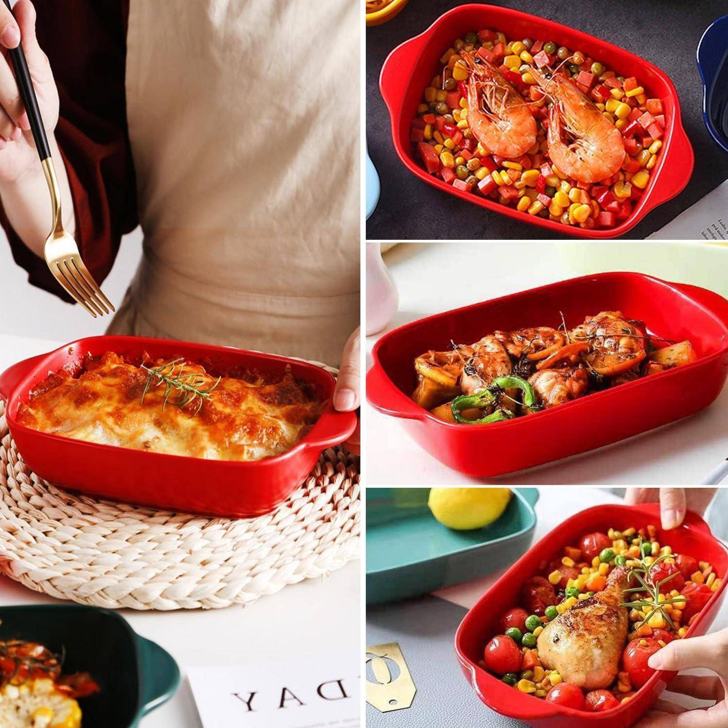 Collage eines roten ovalen Backgeschirrs gefüllt mit verschiedenen gekochten Gerichten, einschließlich eines käsigen Auflaufs, Garnelen mit Gemüse und gebratenem Huhn mit Mais und Tomaten.