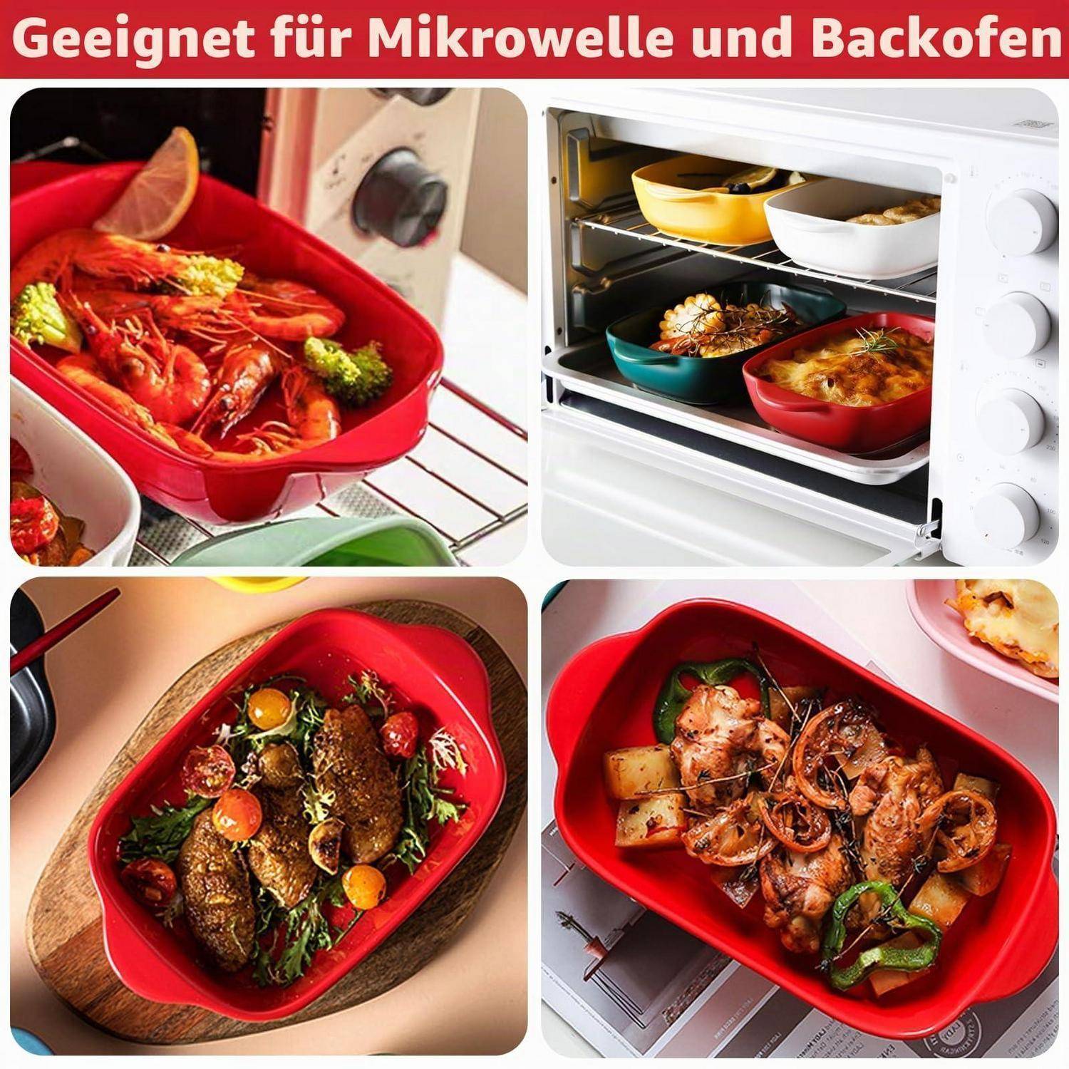 Werbebild mit roten ofenfesten Backformen mit gekochten Speisen in einer Mikrowelle und einem Backofen, beschriftet mit „Geeignet für Mikrowelle und Backofen" (geeignet für Mikrowelle und Backofen).