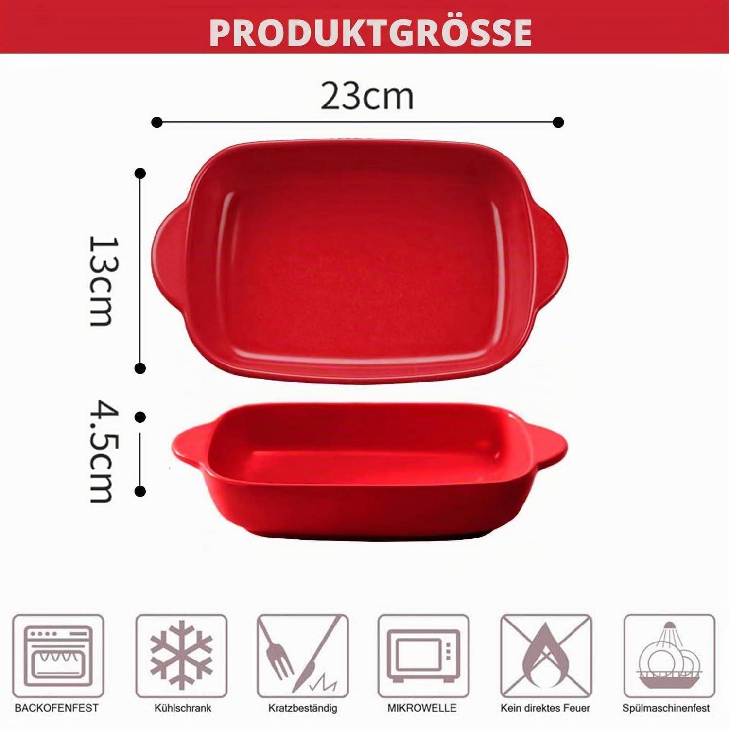 Rotes Backblech mit Griffen, gezeigt in Drauf- und Seitenansicht; Produktgröße 23 cm × 13 cm × 4,5 cm, mit Symbolen, die anzeigen, dass es ofenfest, gefriererfest, mikrowellensicher und spülmaschinenfest ist, aber nicht für offene Flamme geeignet.