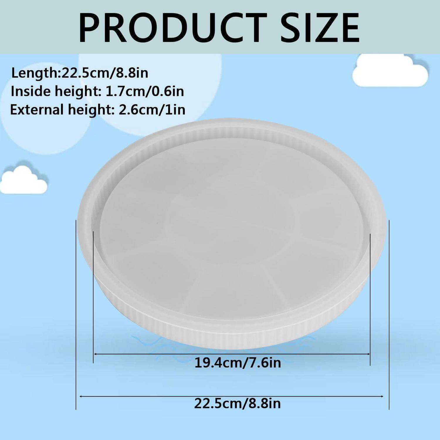 Produktgrößendiagramm eines runden Tabletts: Länge 22,5 cm/8,8 Zoll, innere Höhe 1,7 cm/0,6 Zoll, äußere Höhe 2,6 cm/1 Zoll, Breite 19,4 cm/7,6 Zoll.